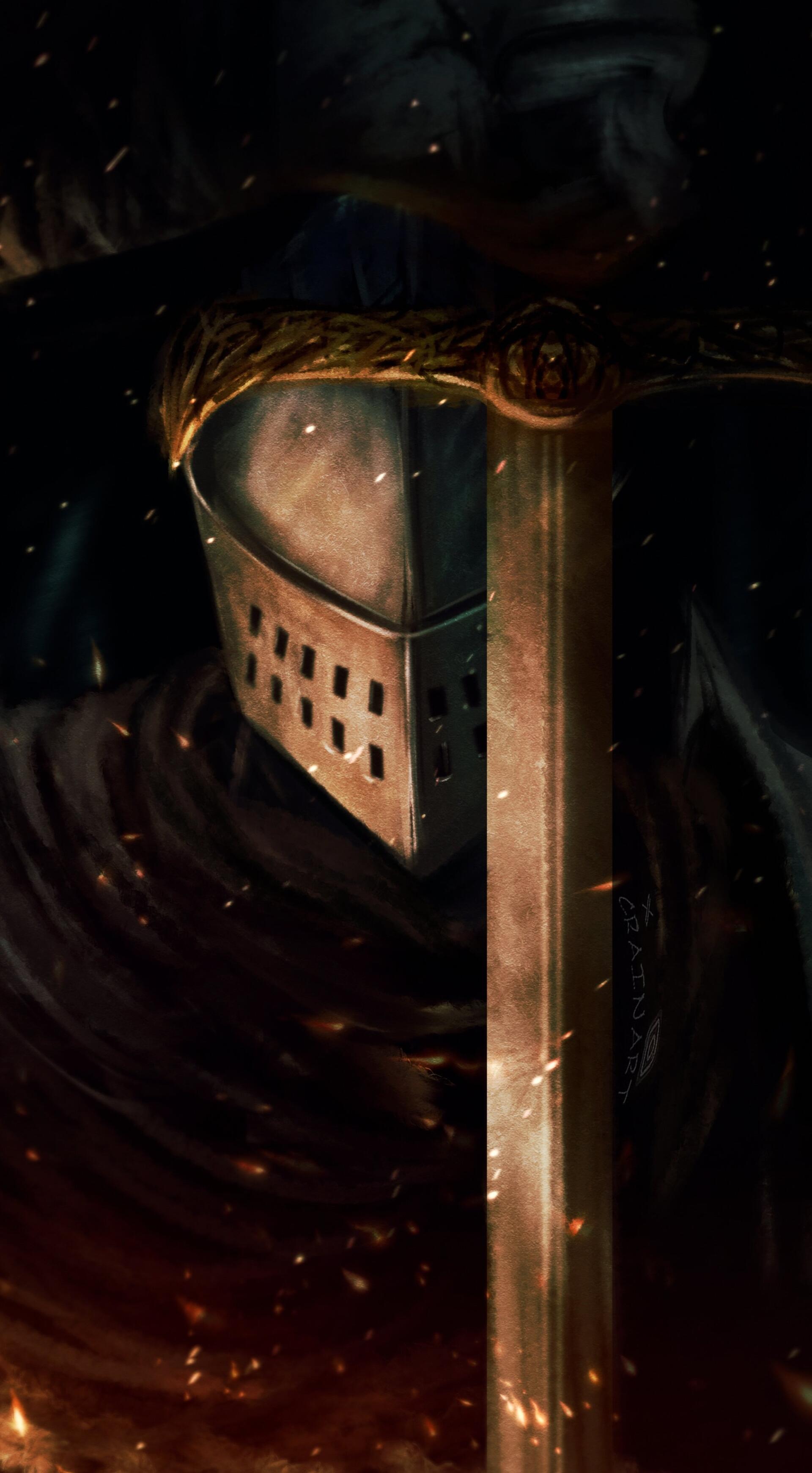 Dark Souls video game phone wallpaper showing a knight's weathered helmet and upright sword glowing in embers and shadow.