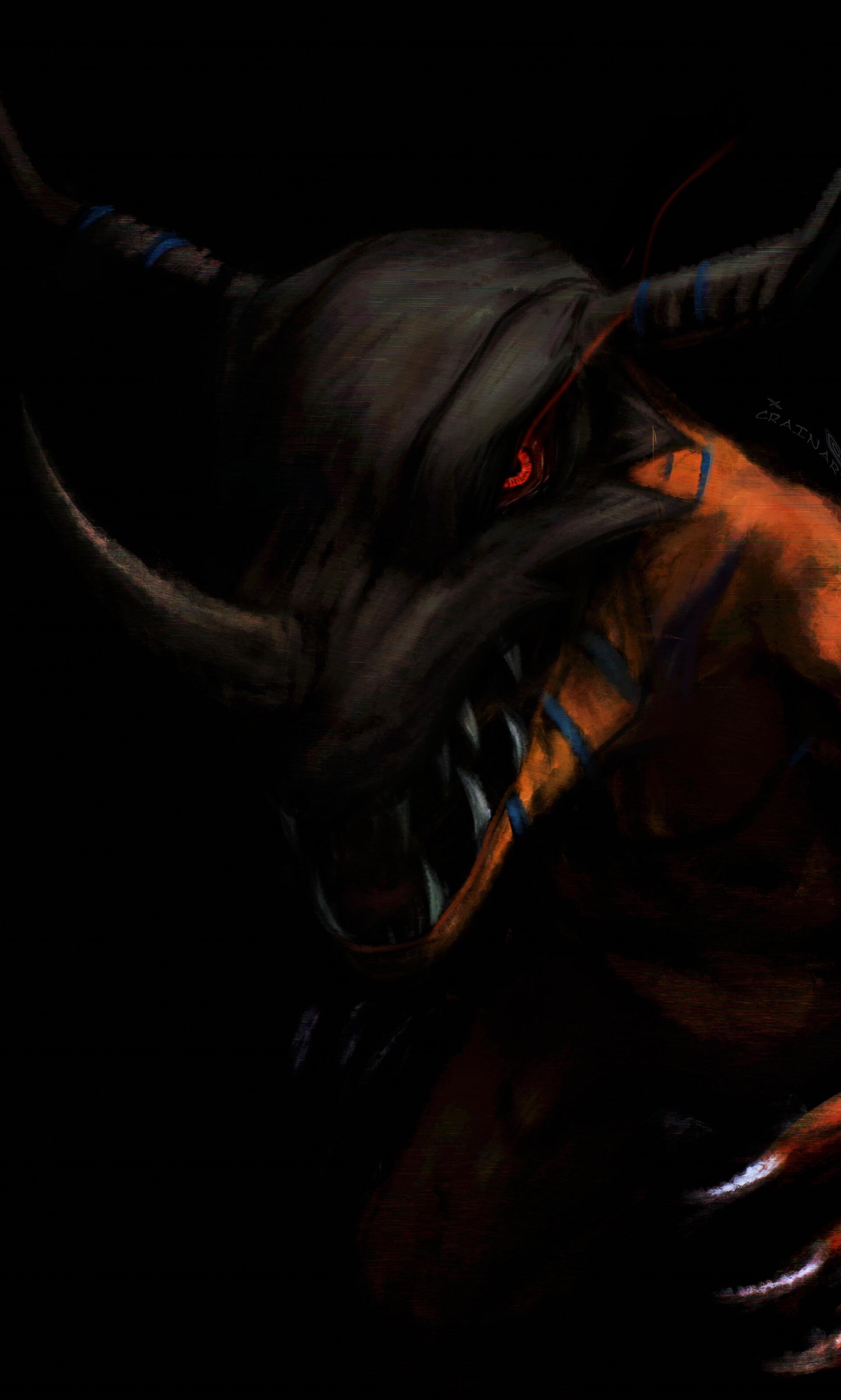 Vertical phone wallpaper of an anime Digimon Greymon: horned, shadowed face with a glowing red eye and bared fangs, dramatic lighting against a deep black background.