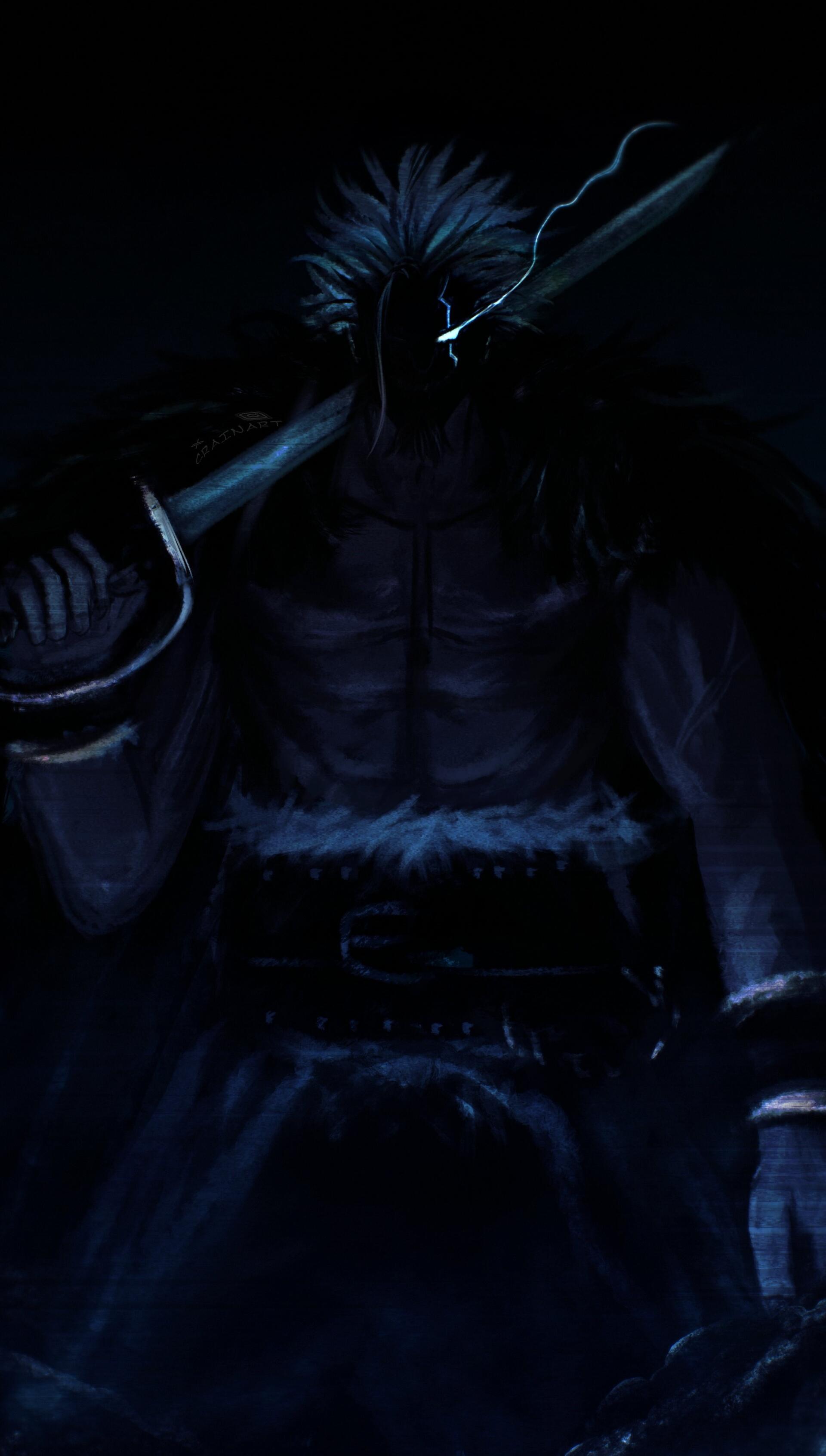 Dark anime phone wallpaper of One Piece’s Rocks D. Xebec as a shadowy, muscular figure gripping a massive sword, blue highlights and lightning accentuating his menacing silhouette.