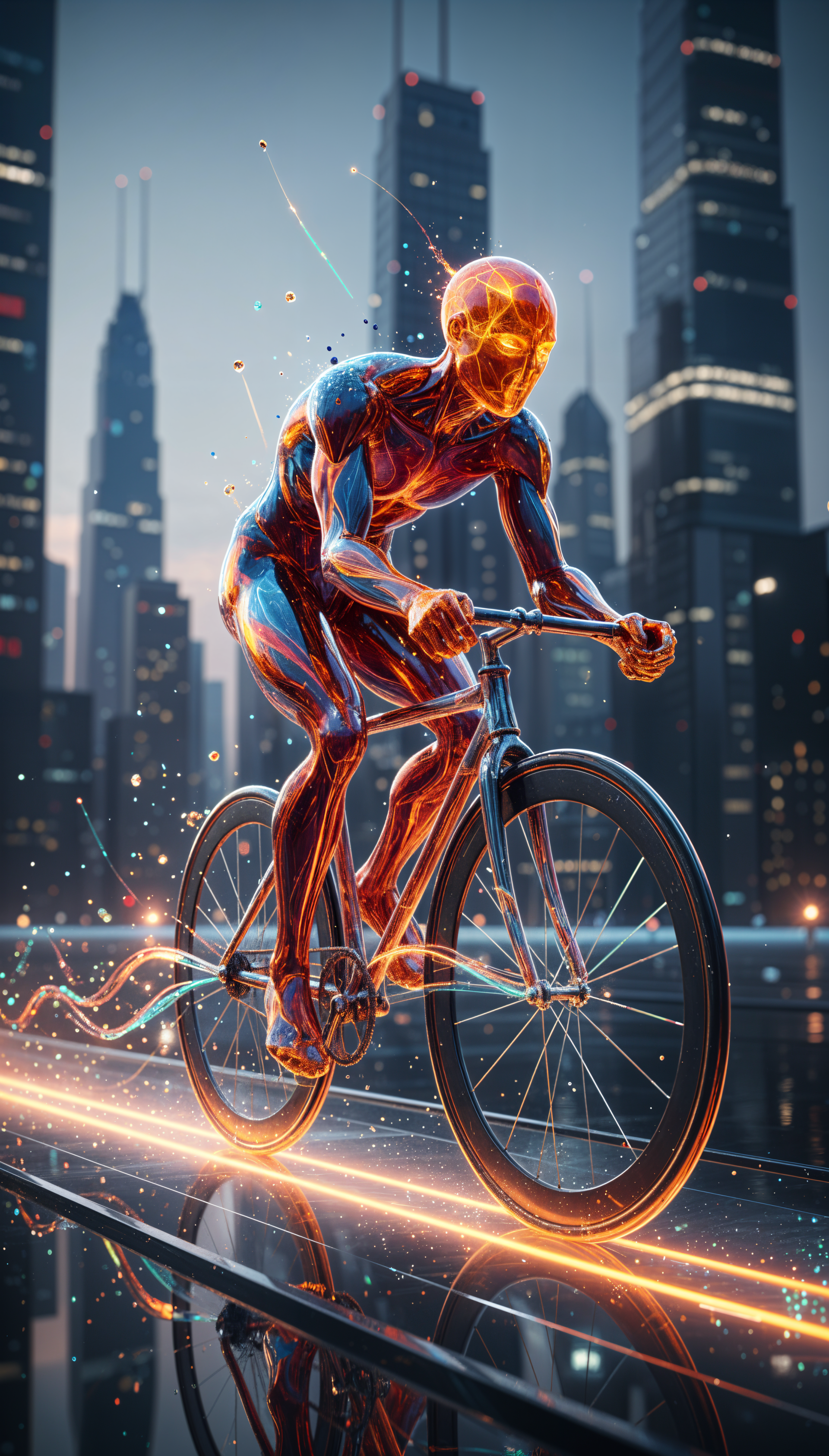 Phone wallpaper: neon-lit humanoid engaged in cycling through a futuristic city, leaving luminous trails across reflective wet streets.