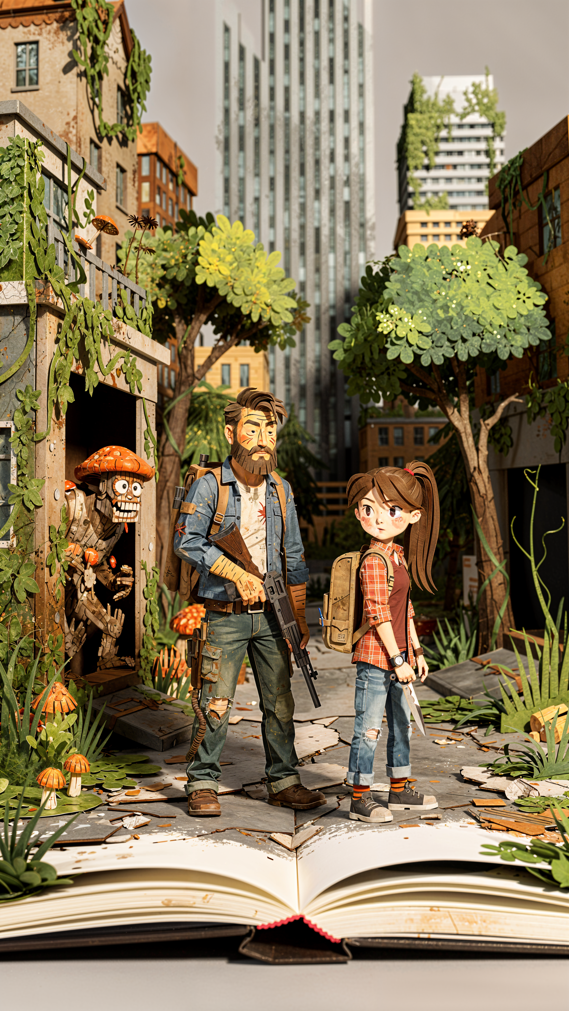 Phone wallpaper — The Last Of Us: stylized Joel and Ellie stand in an overgrown city diorama emerging from an open book; a fungal creature peeks from a doorway.