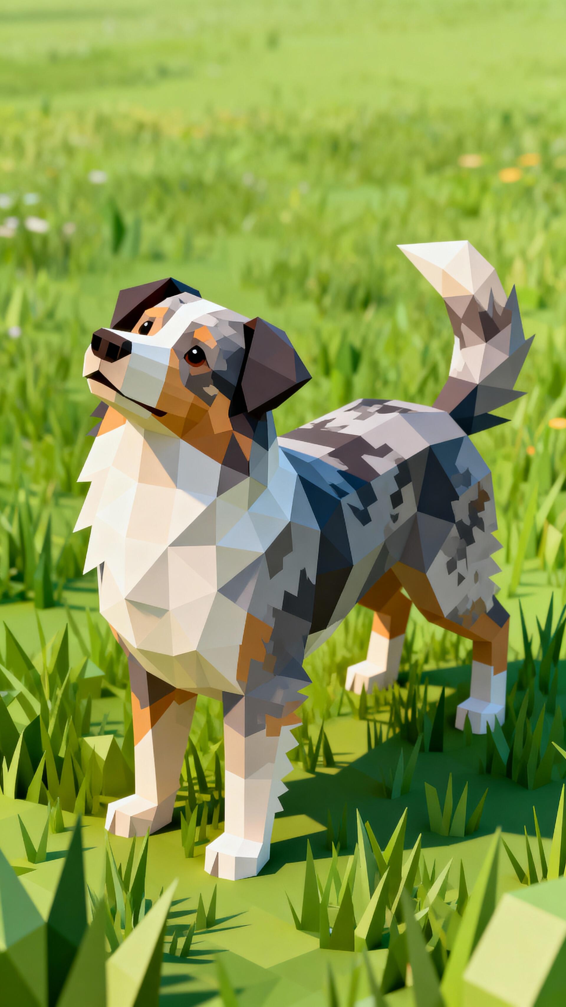 Low-poly Australian Shepherd standing in a sunlit grassy field, rendered as a vertical phone wallpaper.