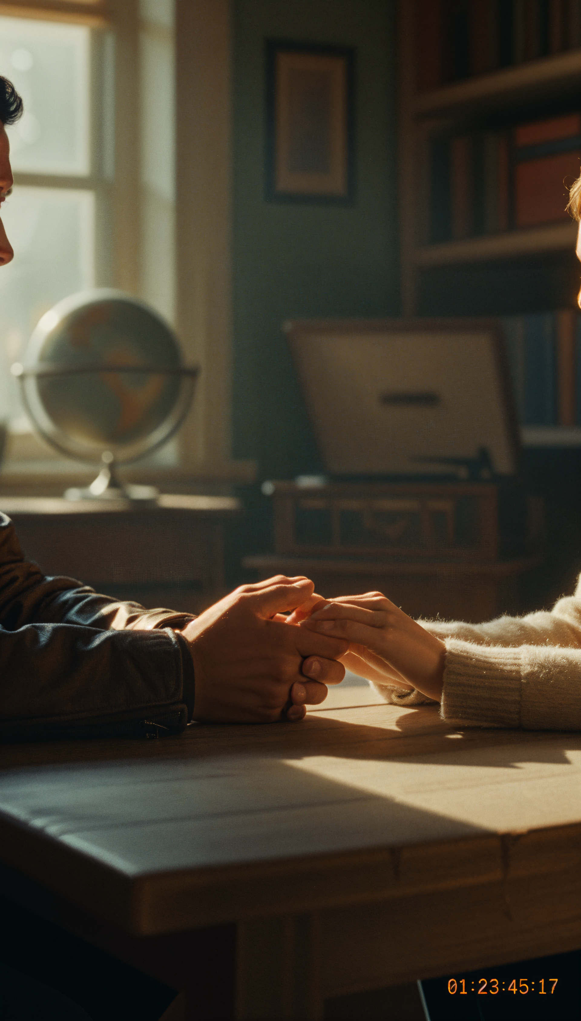 Phone wallpaper showing two people holding hands across a sunlit wooden table in a cozy study with a globe, bookshelf, and a small timestamp.