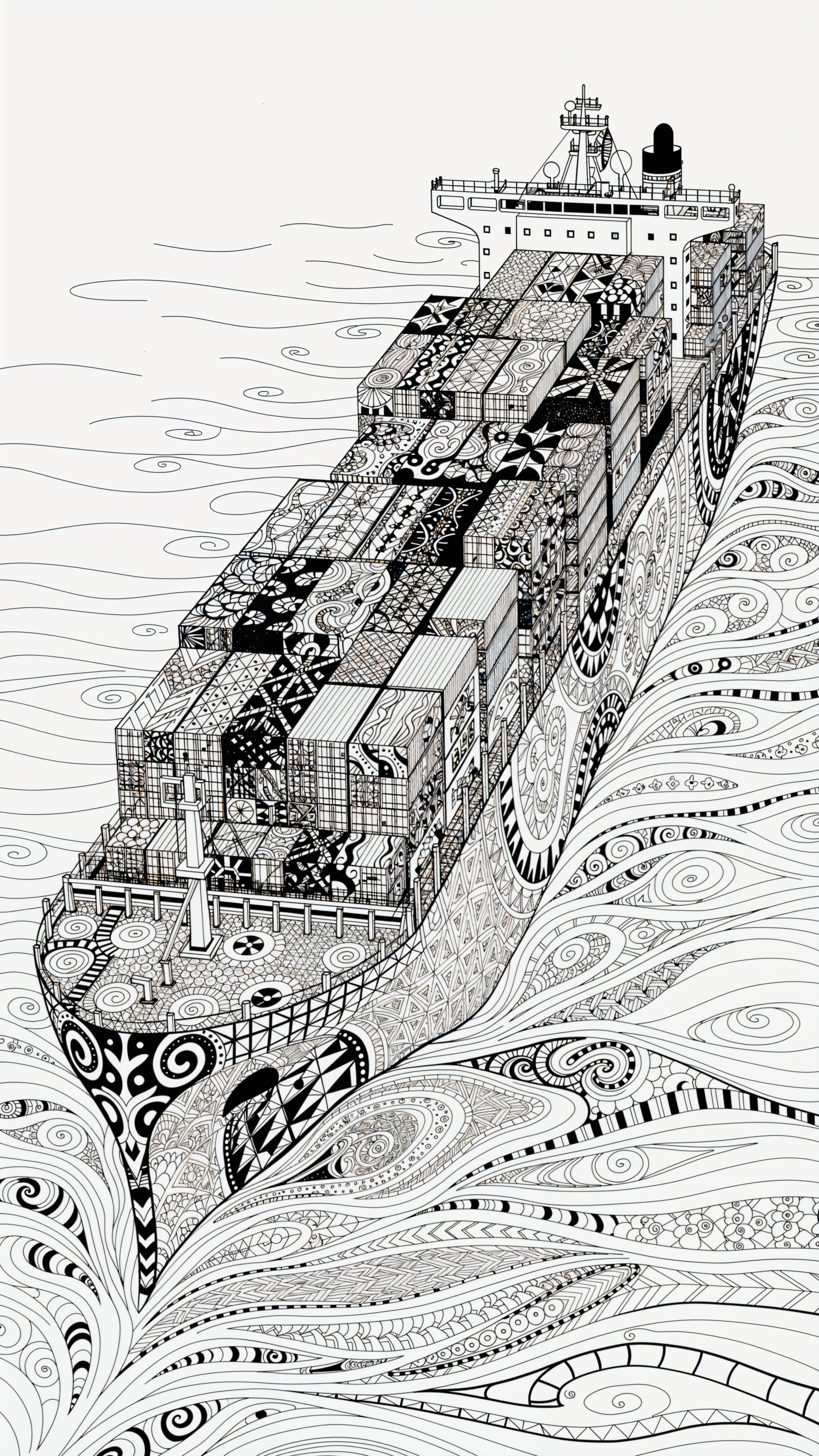 Black-and-white patterned container ship illustration sailing through decorative, swirling waves; vertical phone wallpaper with intricate zentangle containers and sea motifs.
