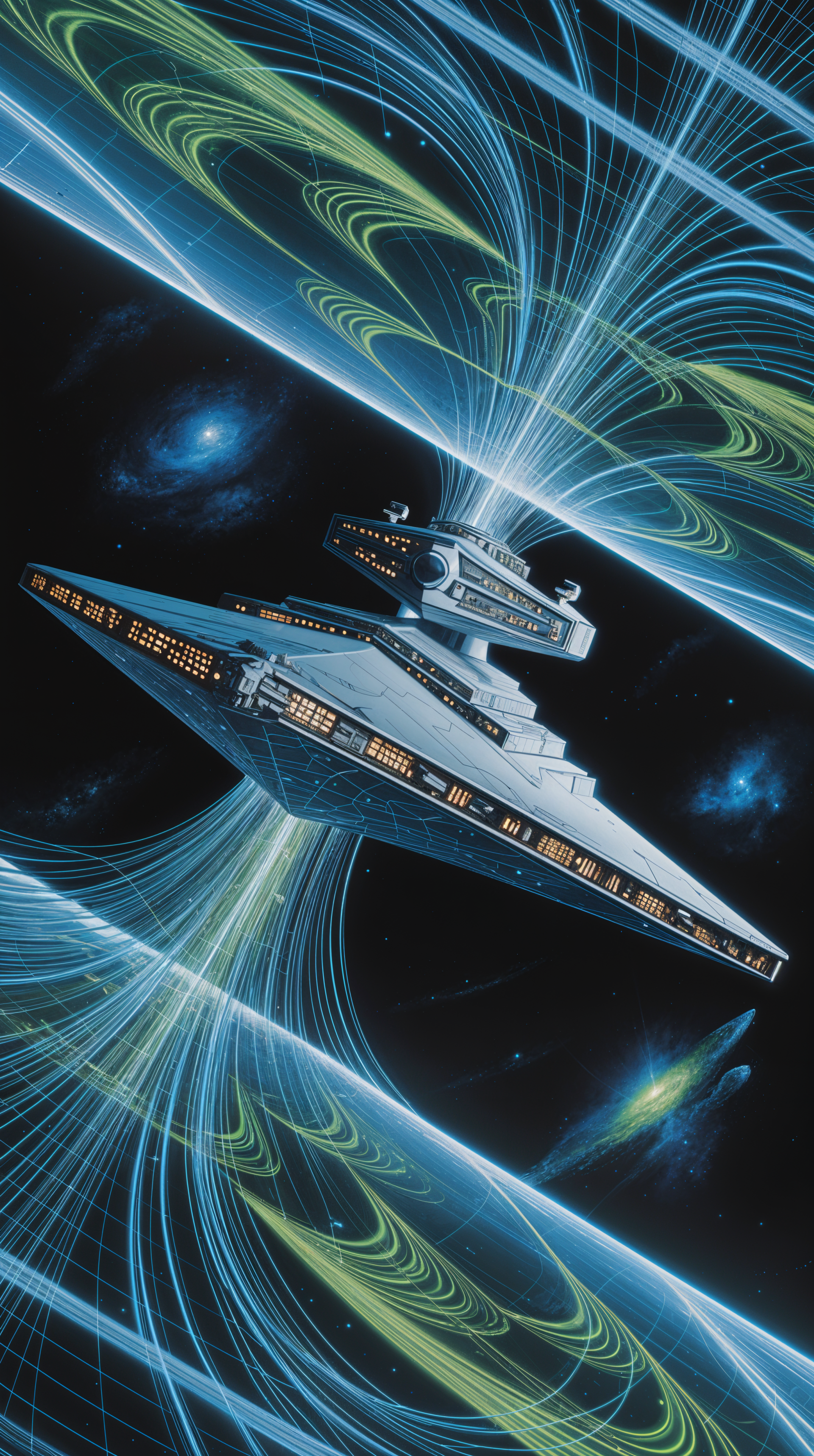 Star Wars phone wallpaper: a Star Destroyer cuts through swirling blue-green hyperspace currents with distant galaxies and stars in the background.