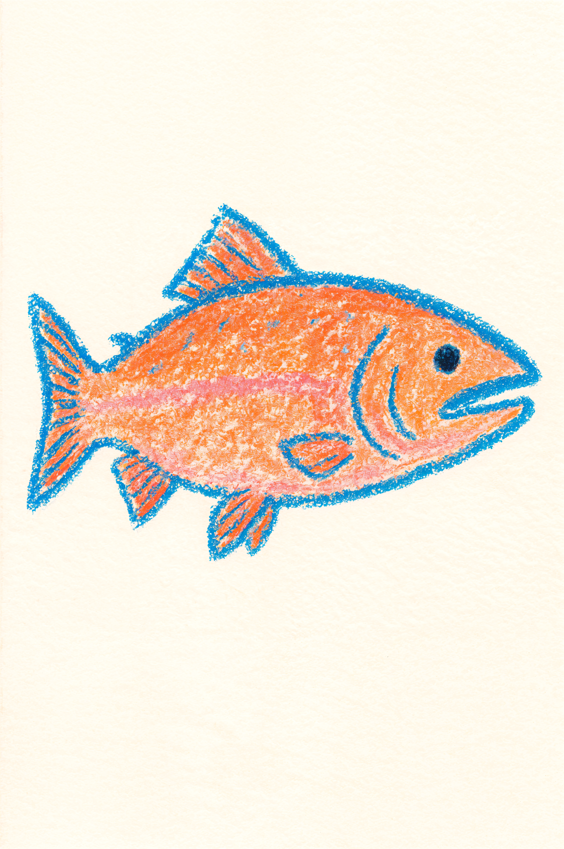 Crayon-style orange salmon with a bright blue outline centered on a cream phone wallpaper.