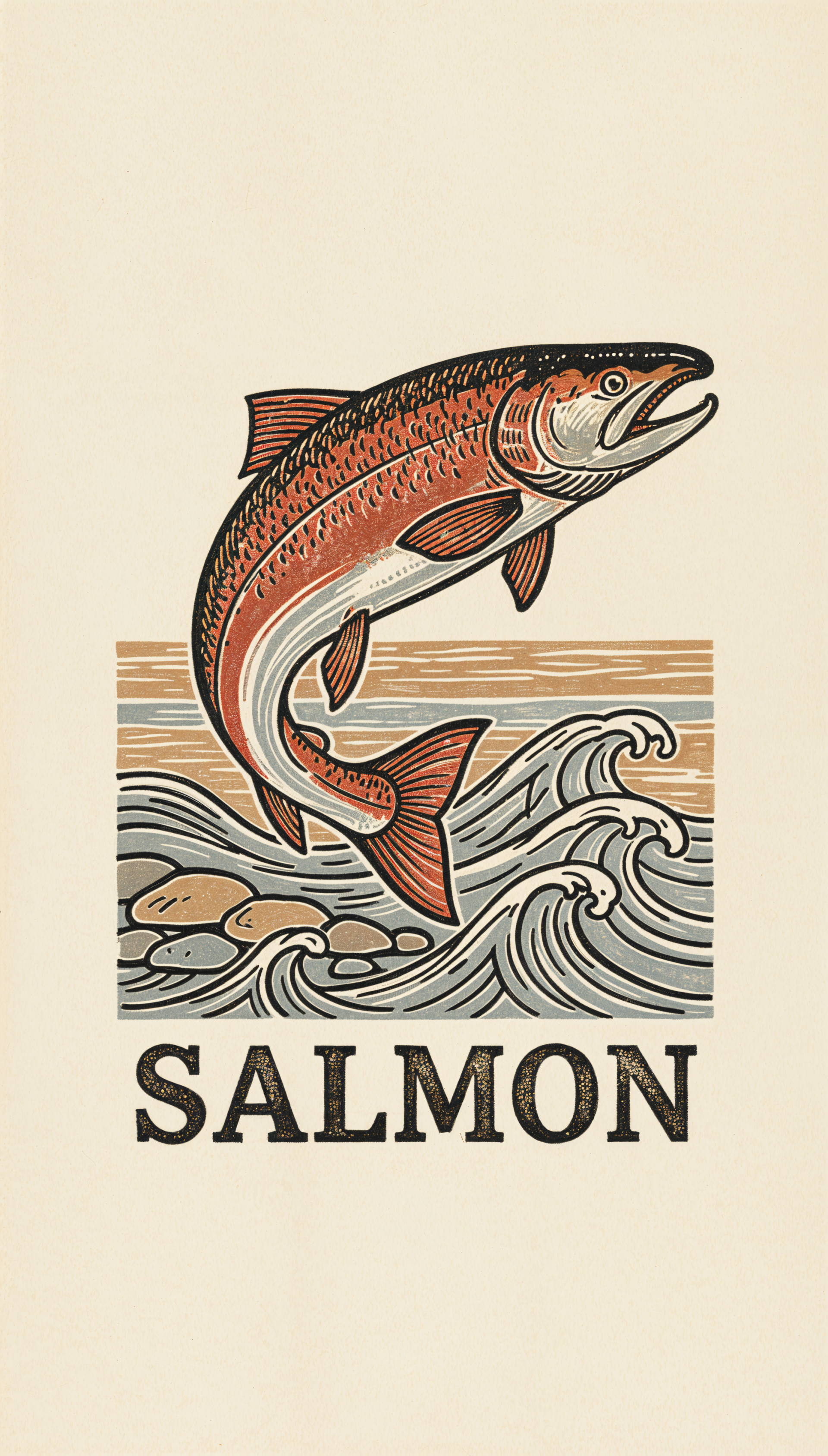Phone wallpaper featuring a vintage-style leaping salmon above stylized waves and rocks on a beige background, with bold SALMON text beneath.