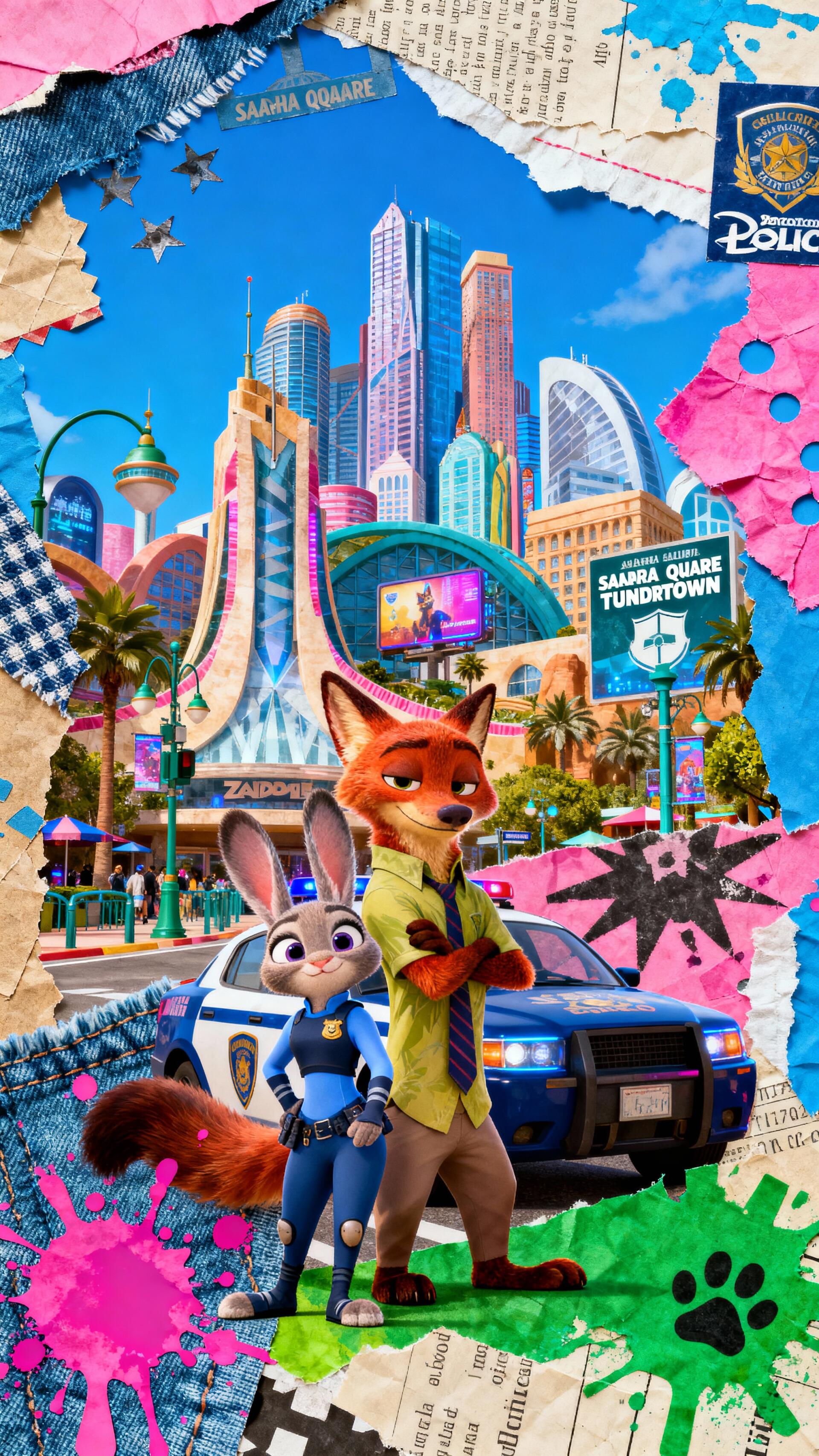 Zootopia phone wallpaper: Judy Hopps and Nick Wilde pose by a police cruiser with the colorful Zootopia skyline behind them, framed by torn-paper collage, stars, paw prints and bright accents.