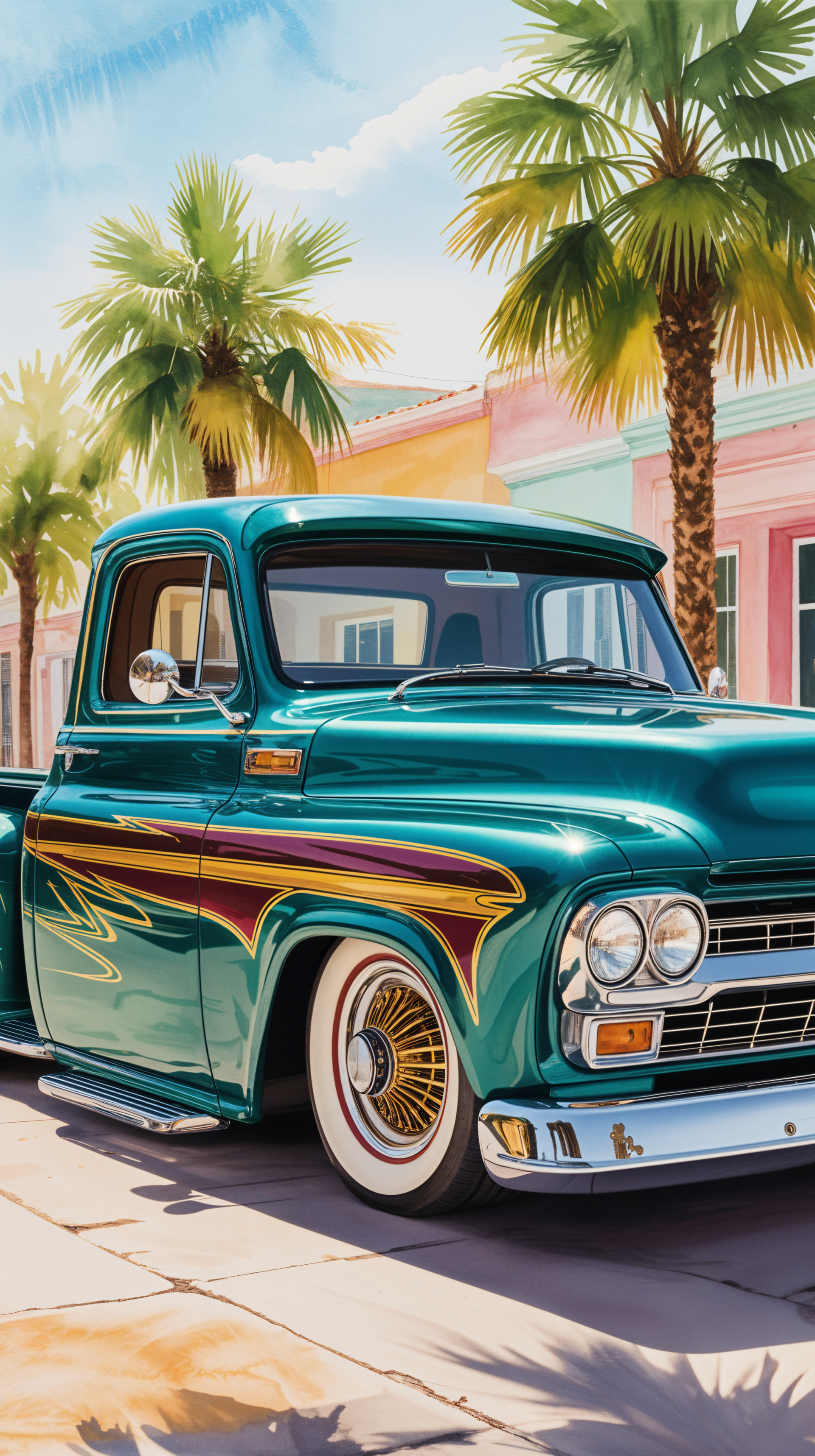 Phone wallpaper of a teal lowrider truck with gold pinstriping and whitewall tires, parked beneath palm trees in front of pastel beachside houses.