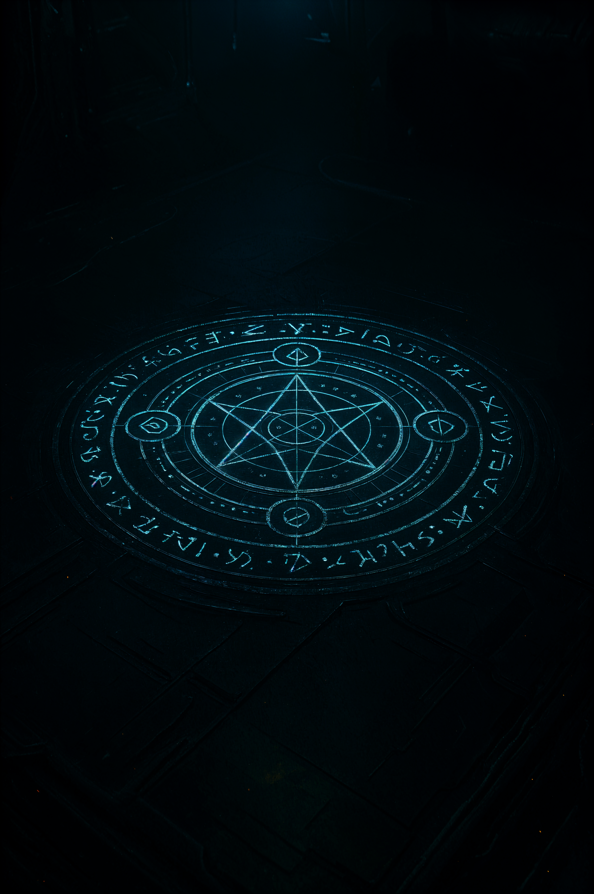 Phone wallpaper showing a glowing cyan arcane circle of runes and geometric sigils set against a deep, textured black background.