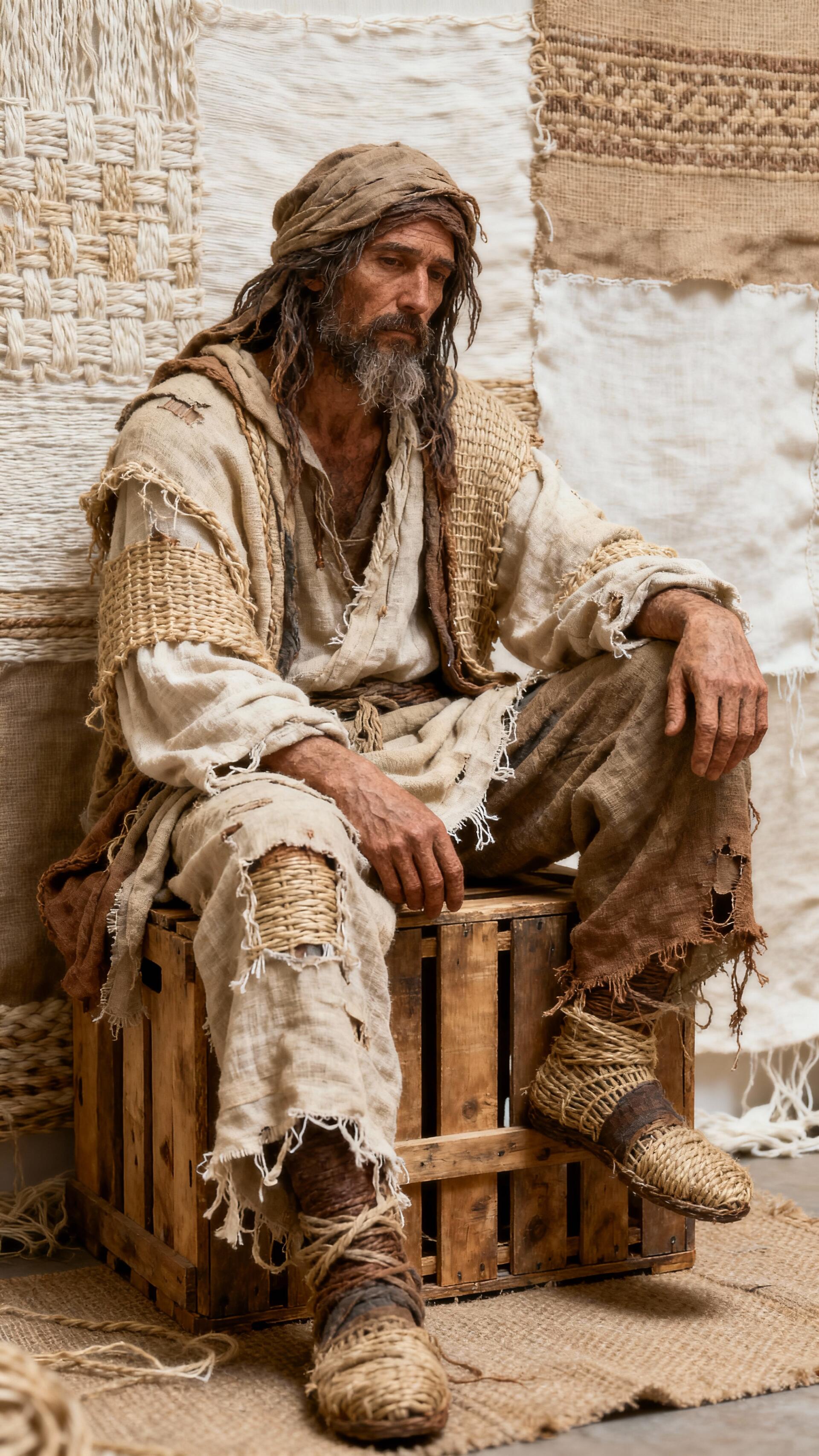 Phone wallpaper: vagabond in tattered earth-toned robes and woven shoes, seated on a wooden crate before textured woven backdrops.