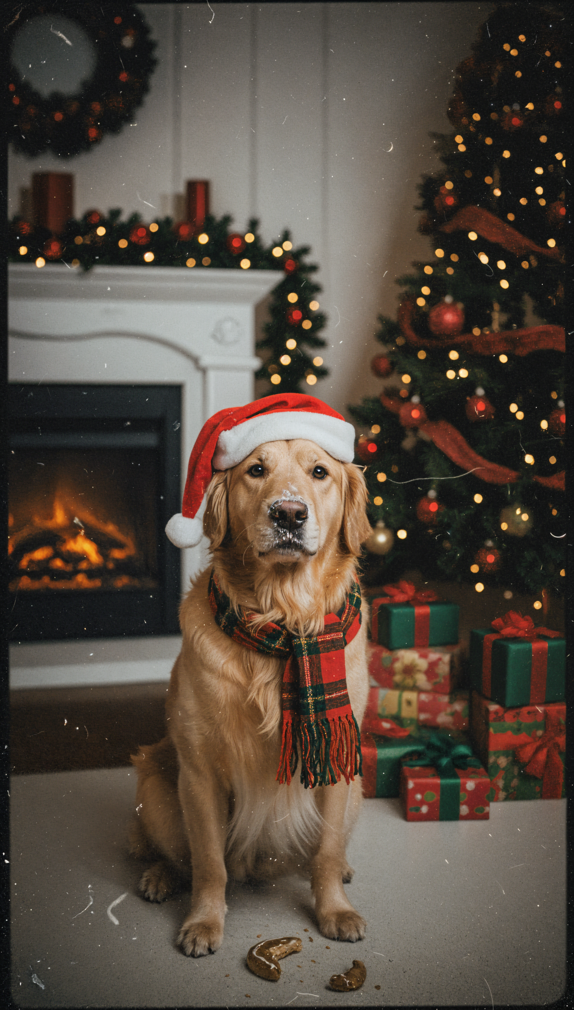 Phone wallpaper of a golden retriever wearing a Santa hat and plaid scarf, seated by a lit fireplace and decorated Christmas tree with wrapped presents.