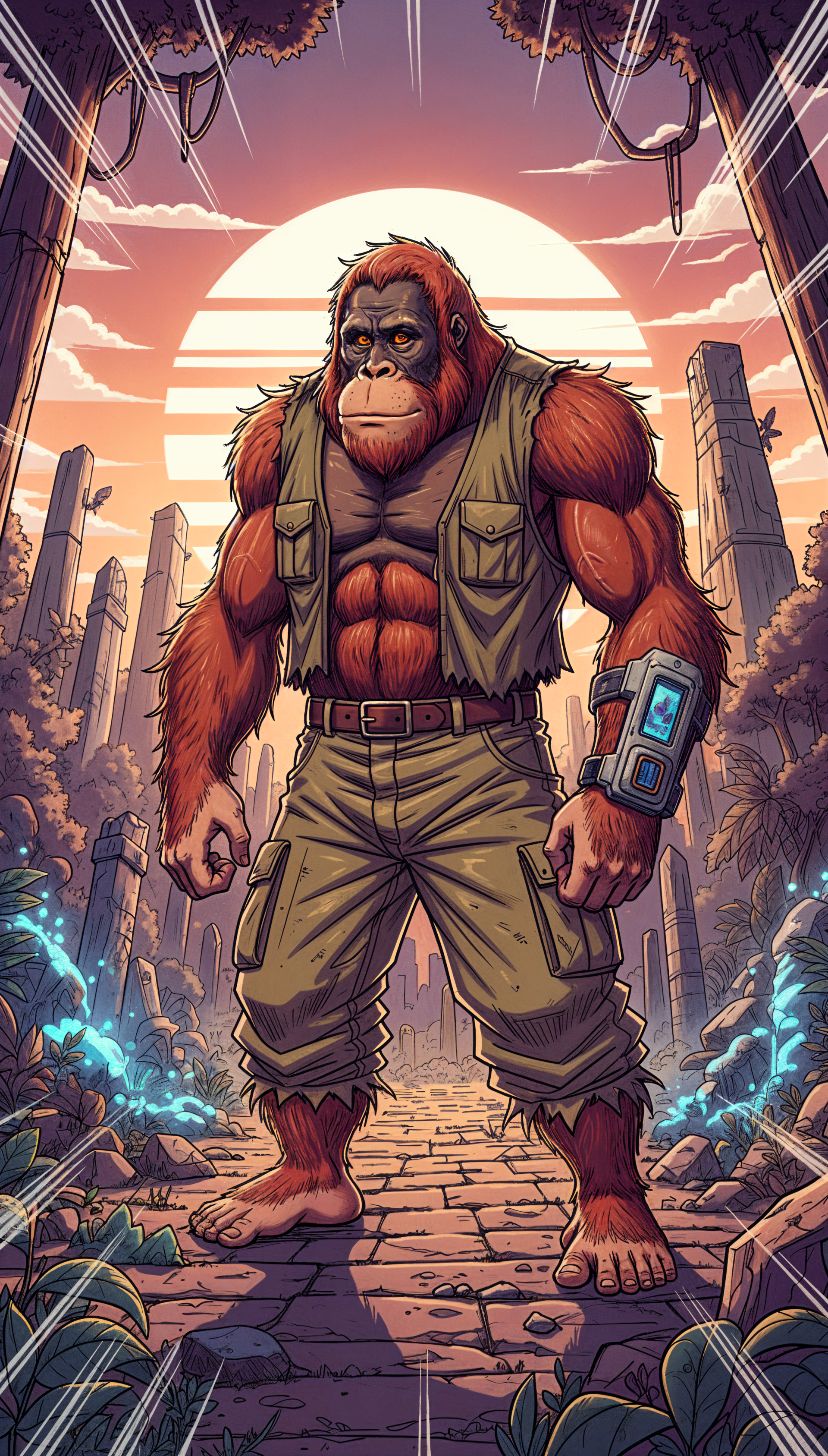 Phone wallpaper of a muscular orangutan standing on a jungle path at sunset, wearing a vest, cargo pants and a glowing wrist device.