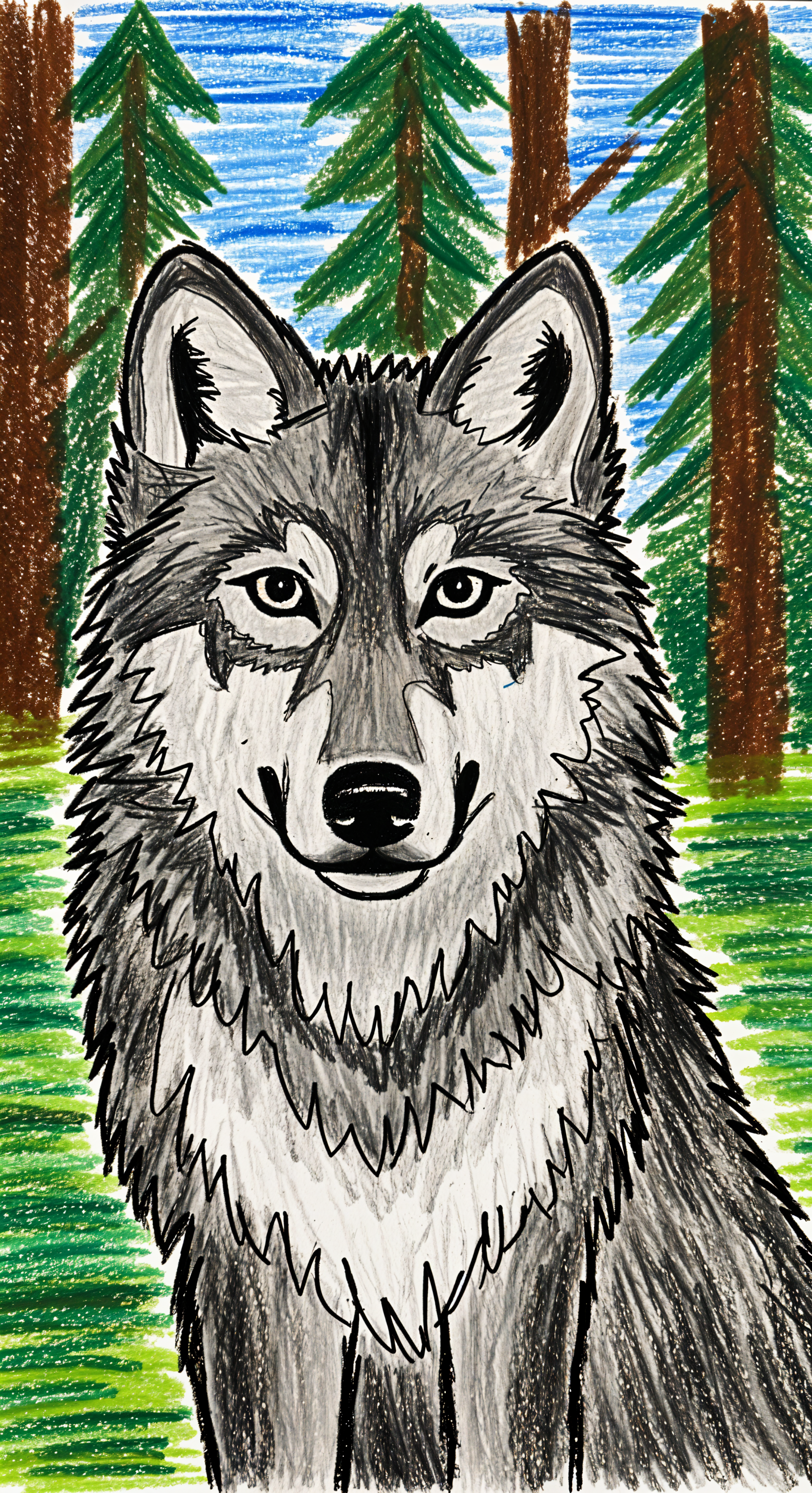 Phone wallpaper showing a crayon-style gray wolf portrait framed by tall pine trees and a blue sky.