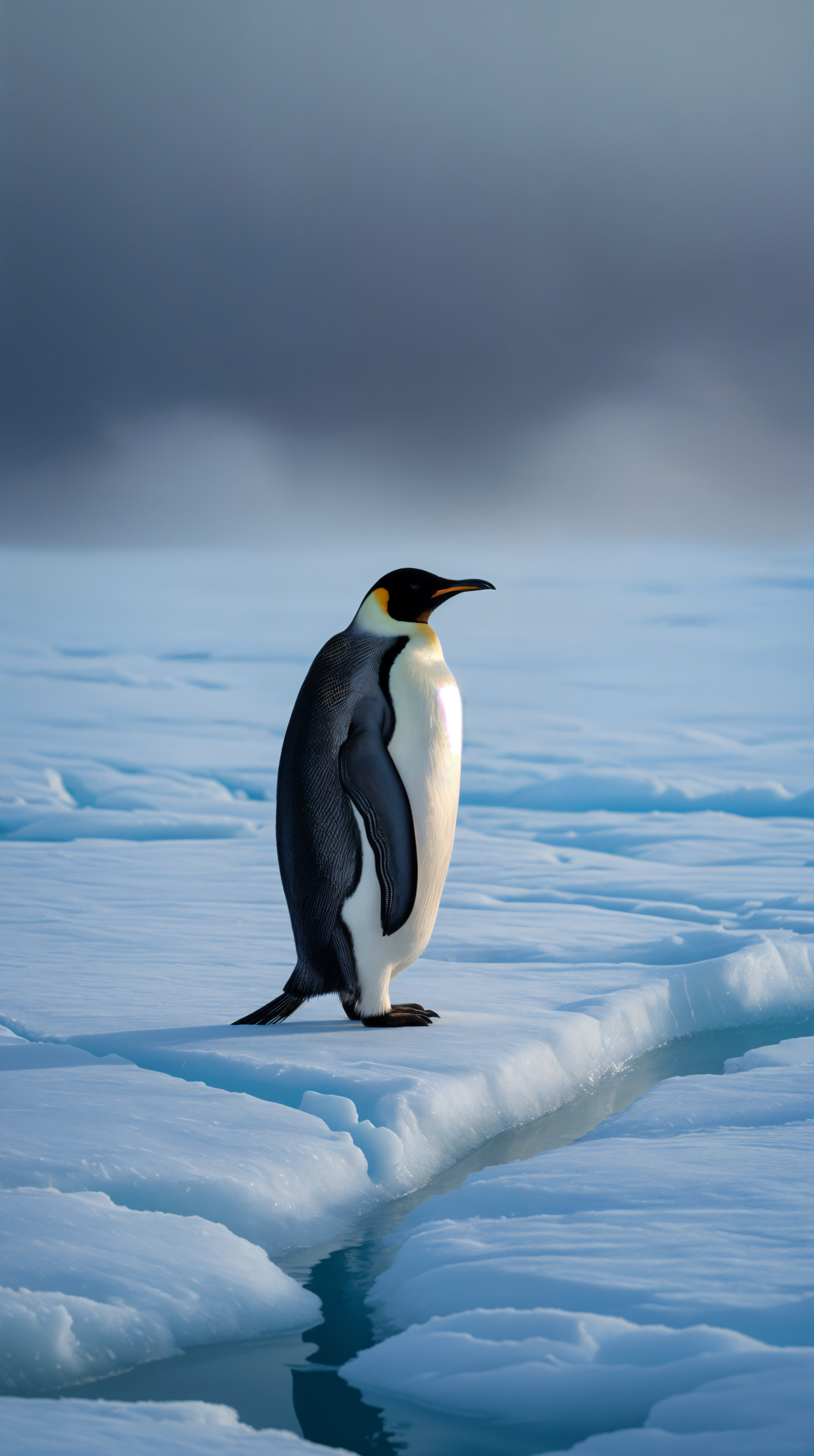 Emperor penguin standing on cracked sea ice beneath a soft blue-gray sky, vertical phone wallpaper composition.