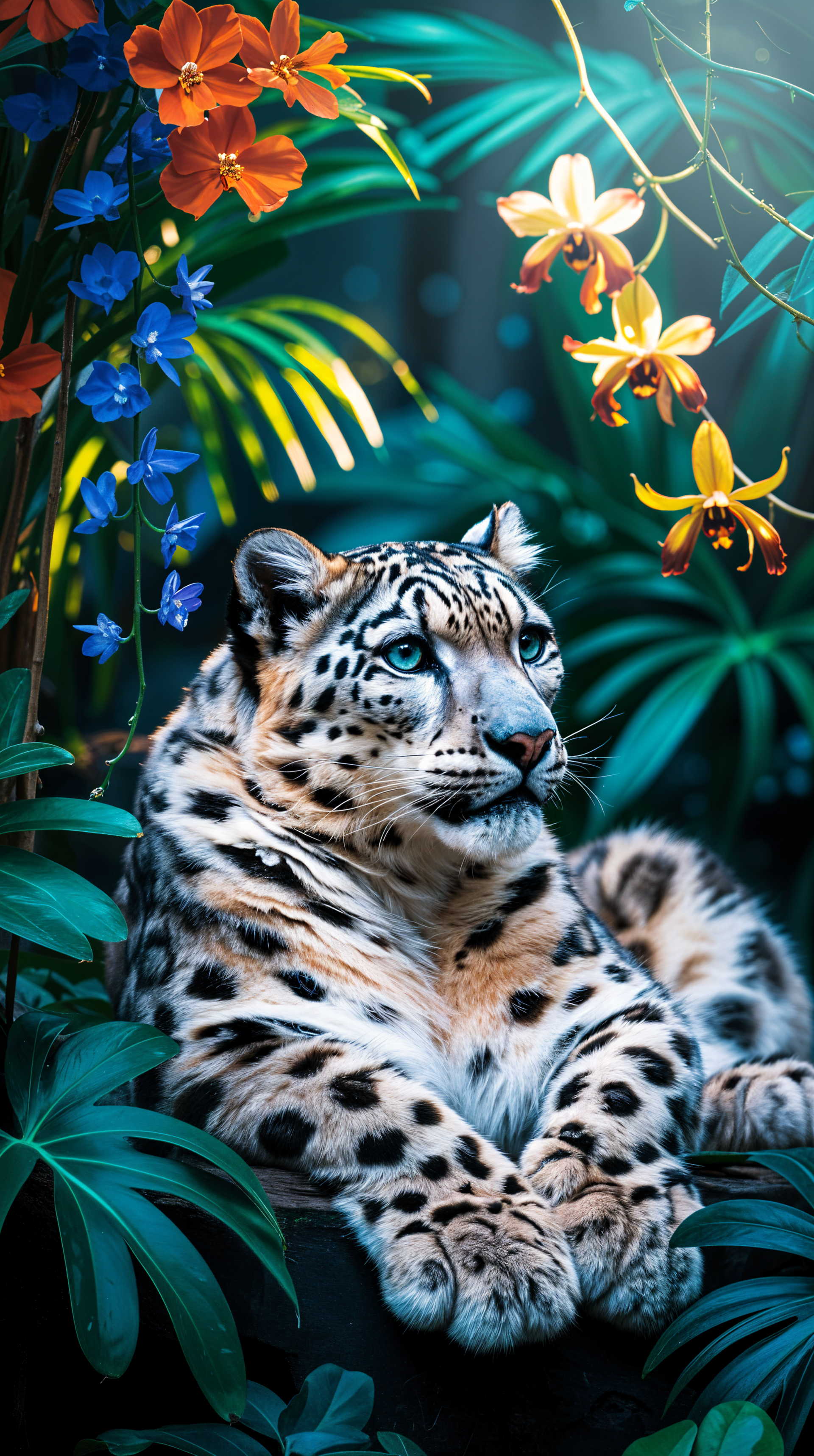 Phone wallpaper of a snow leopard lounging among lush tropical foliage and vivid orchids in a zoo setting.