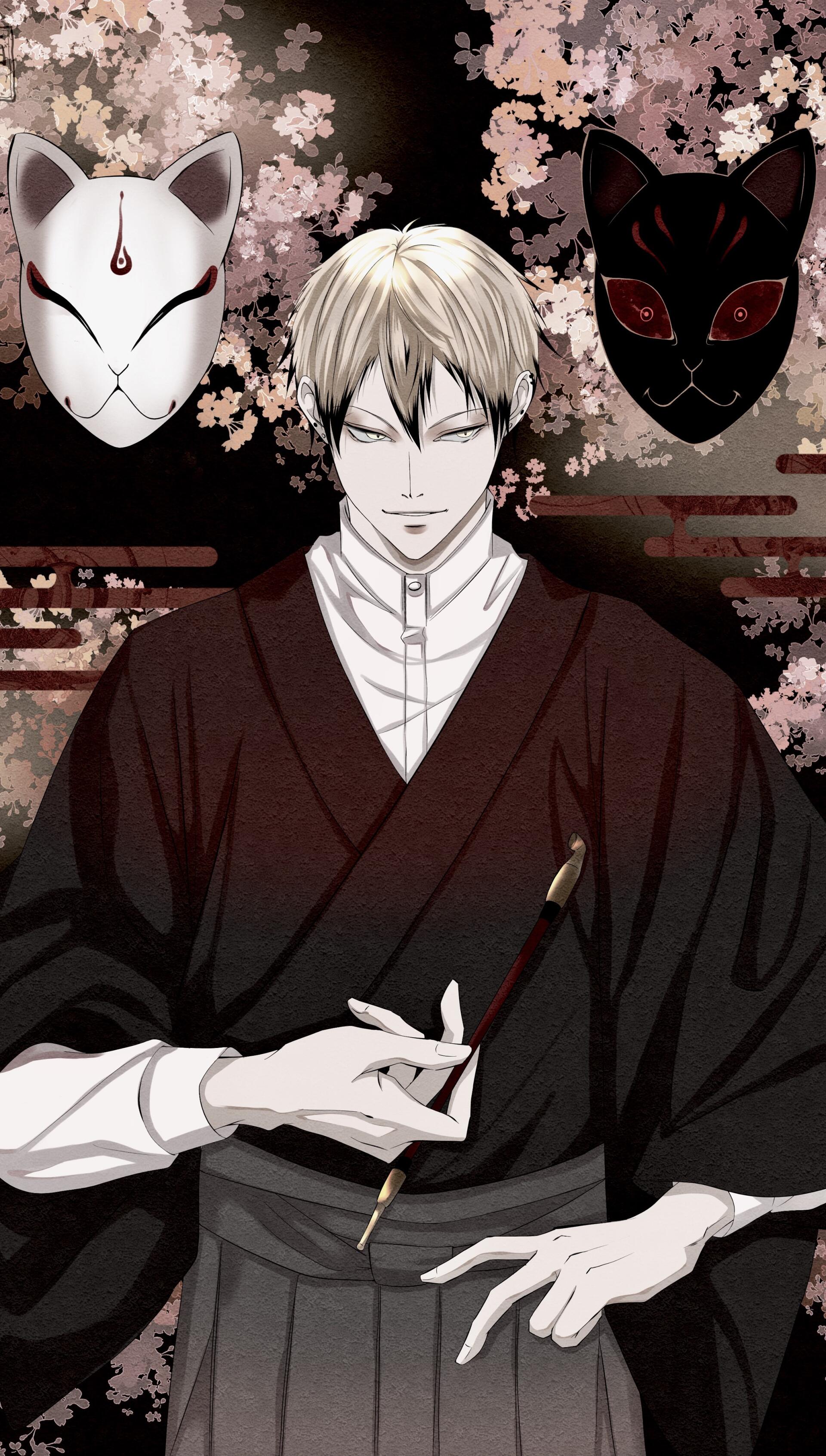 Phone wallpaper of manga character Naoya Zenin (Jujutsu Kaisen): pale-haired figure in a dark kimono holding a brush, flanked by white and black fox masks amid falling cherry blossoms.