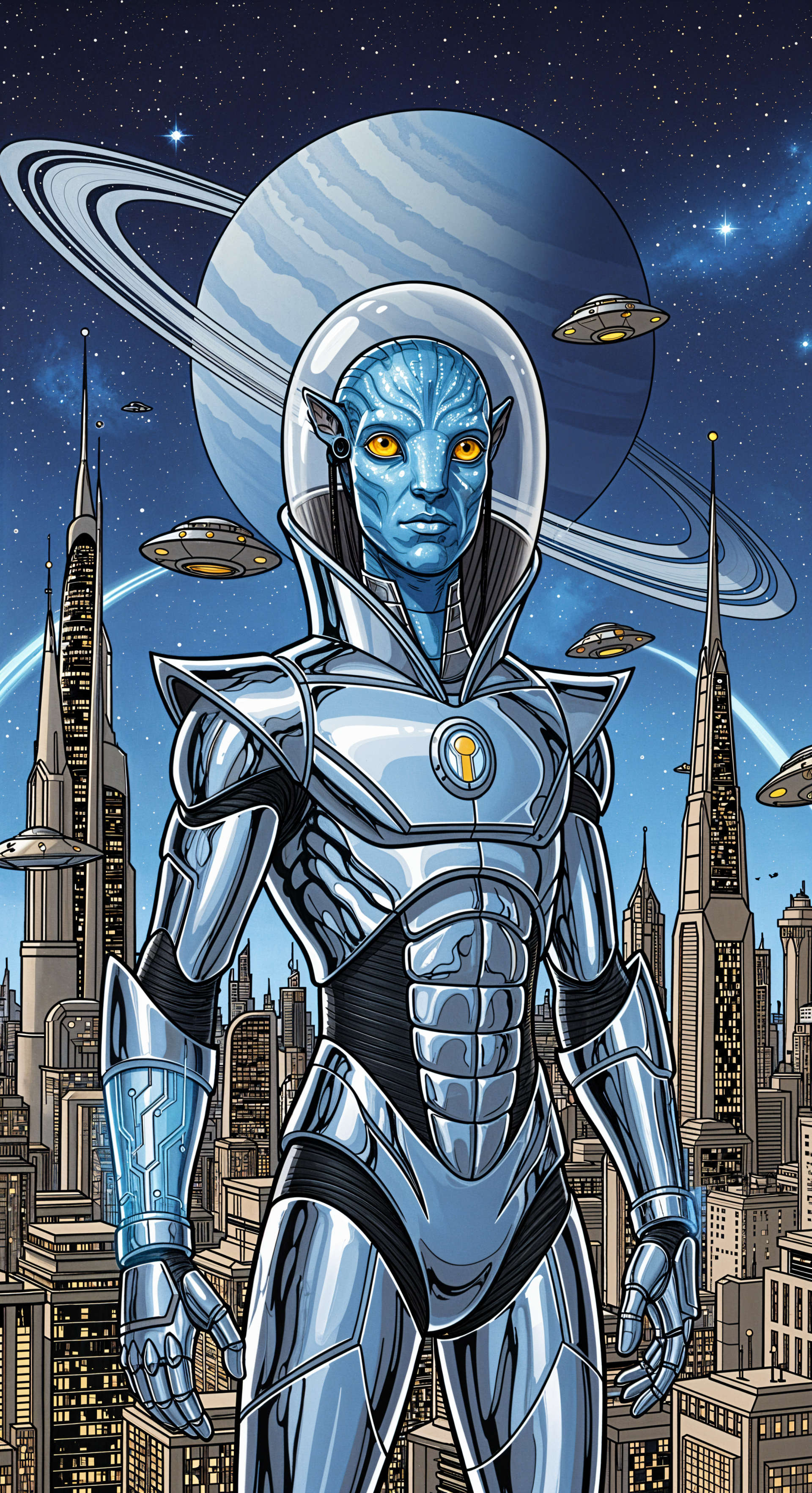 Avatar-style blue-skinned alien in a reflective silver spacesuit stands before a neon-lit futuristic city with a ringed planet and hovering saucers — phone wallpaper.