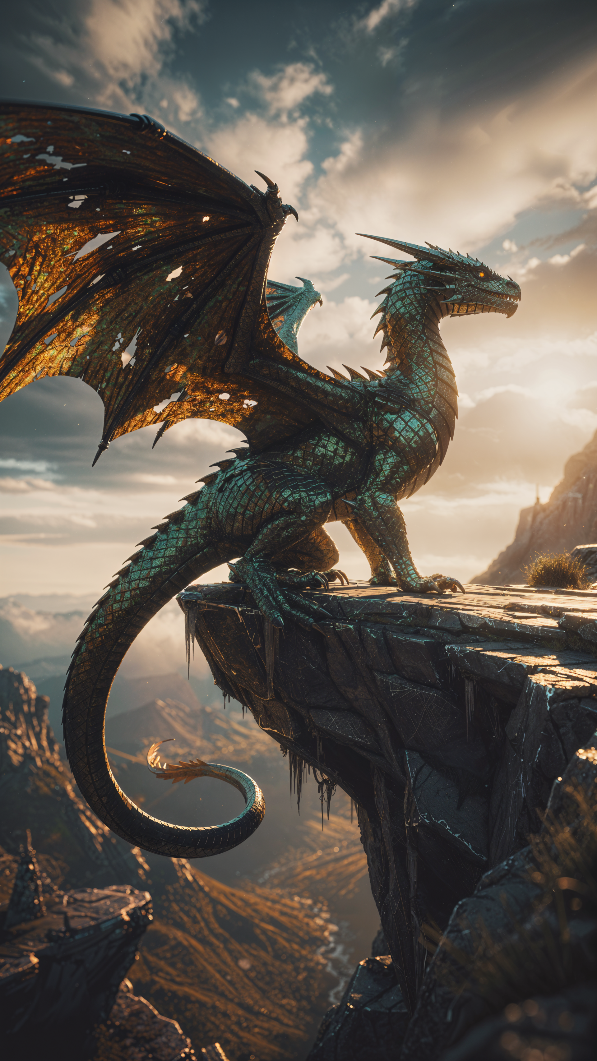 Phone wallpaper showing an emerald wyvern perched on a jagged cliff at sunset, wings unfurled above a vast mountain valley.