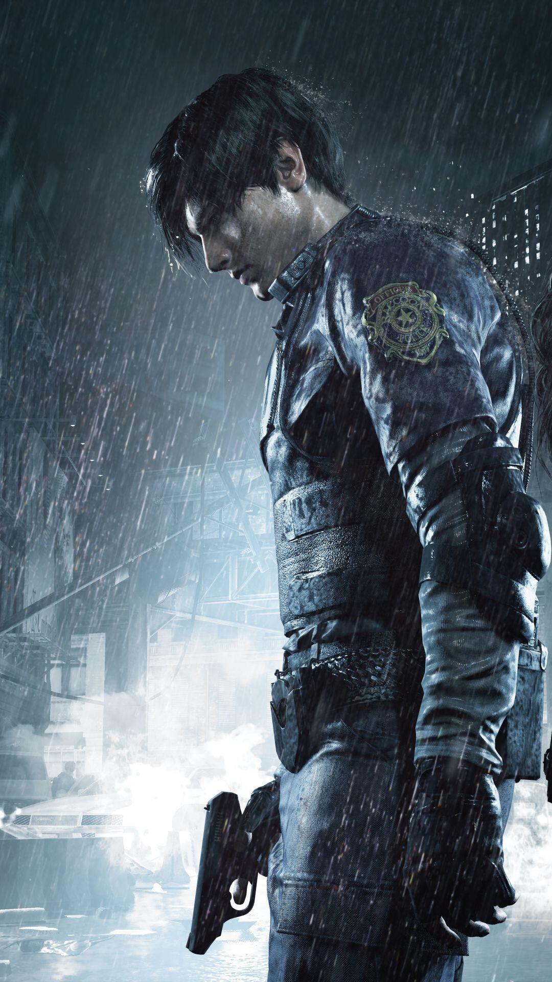 Dark phone wallpaper from the Resident Evil video game: Leon S. Kennedy in pouring rain, head bowed, handgun at his side, RPD badge visible against blurred city lights.