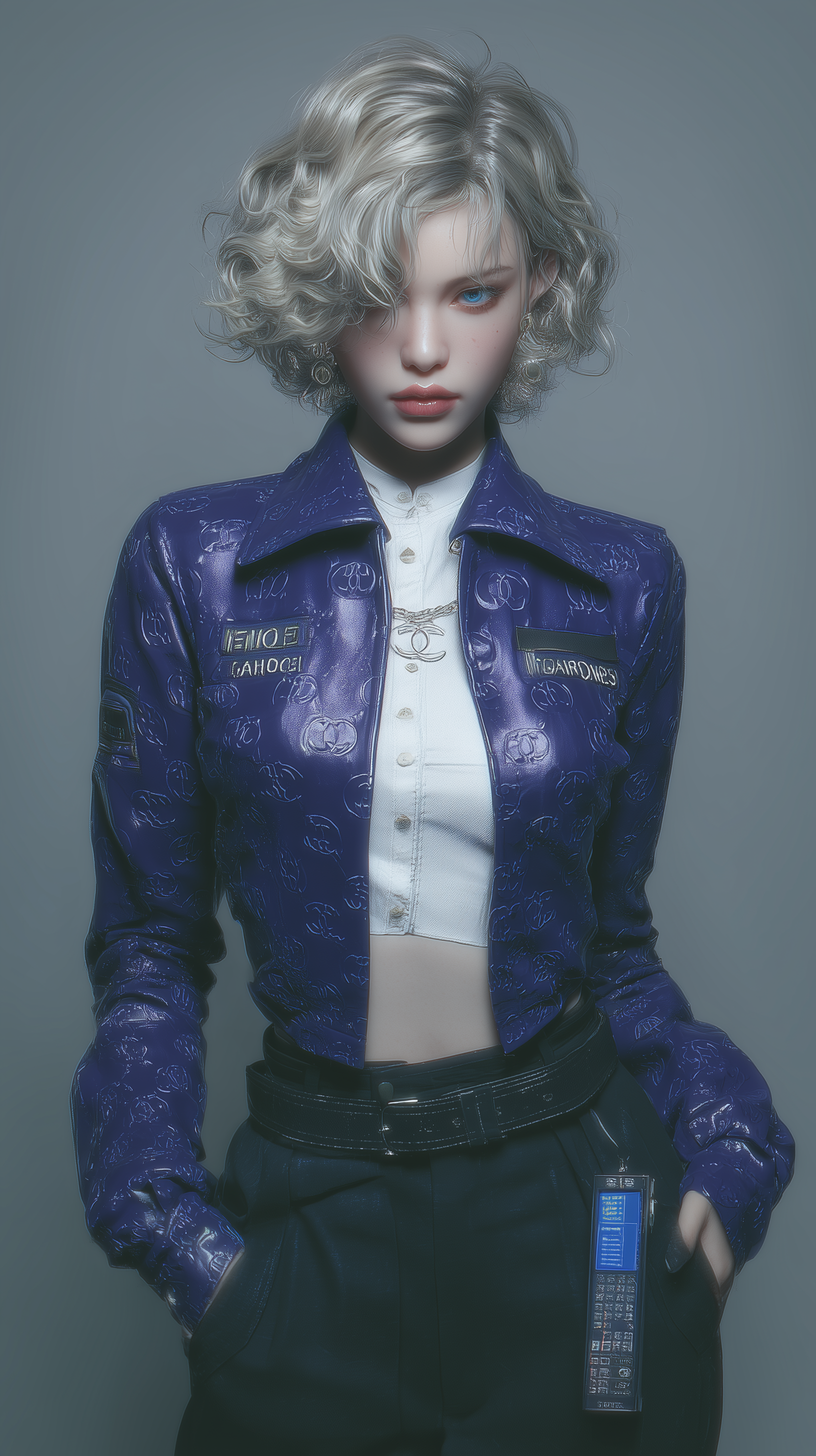 Dragon Ball mobile phone wallpaper showing a stylized silver-haired woman with a curled bob, purple embossed jacket over a cropped white top, hands in pockets against a muted gray background.