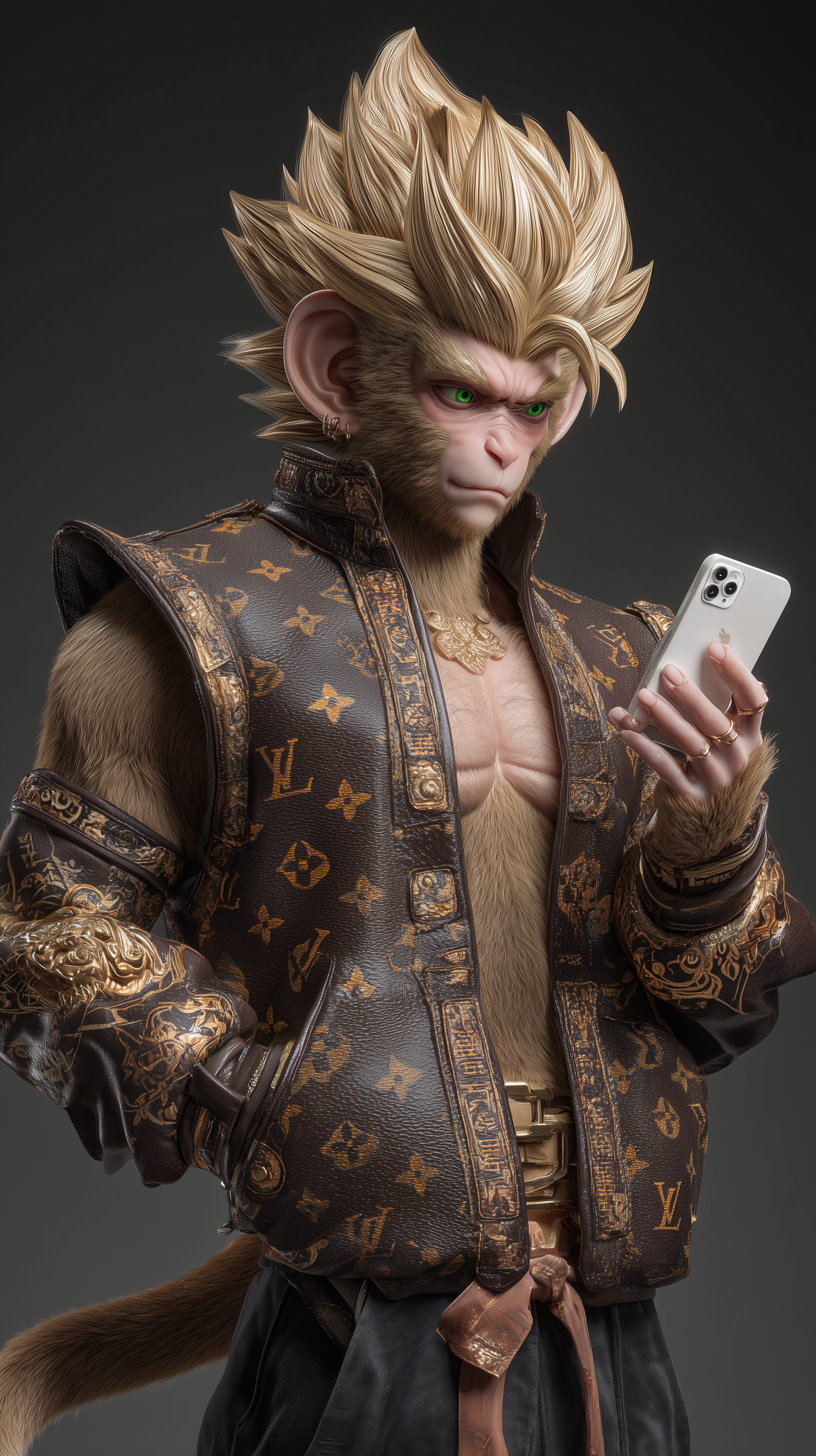 Dragon Ball mobile phone wallpaper: muscular monkey with Super Saiyan–style golden hair, green eyes, wearing a monogram luxury jacket and holding a smartphone.