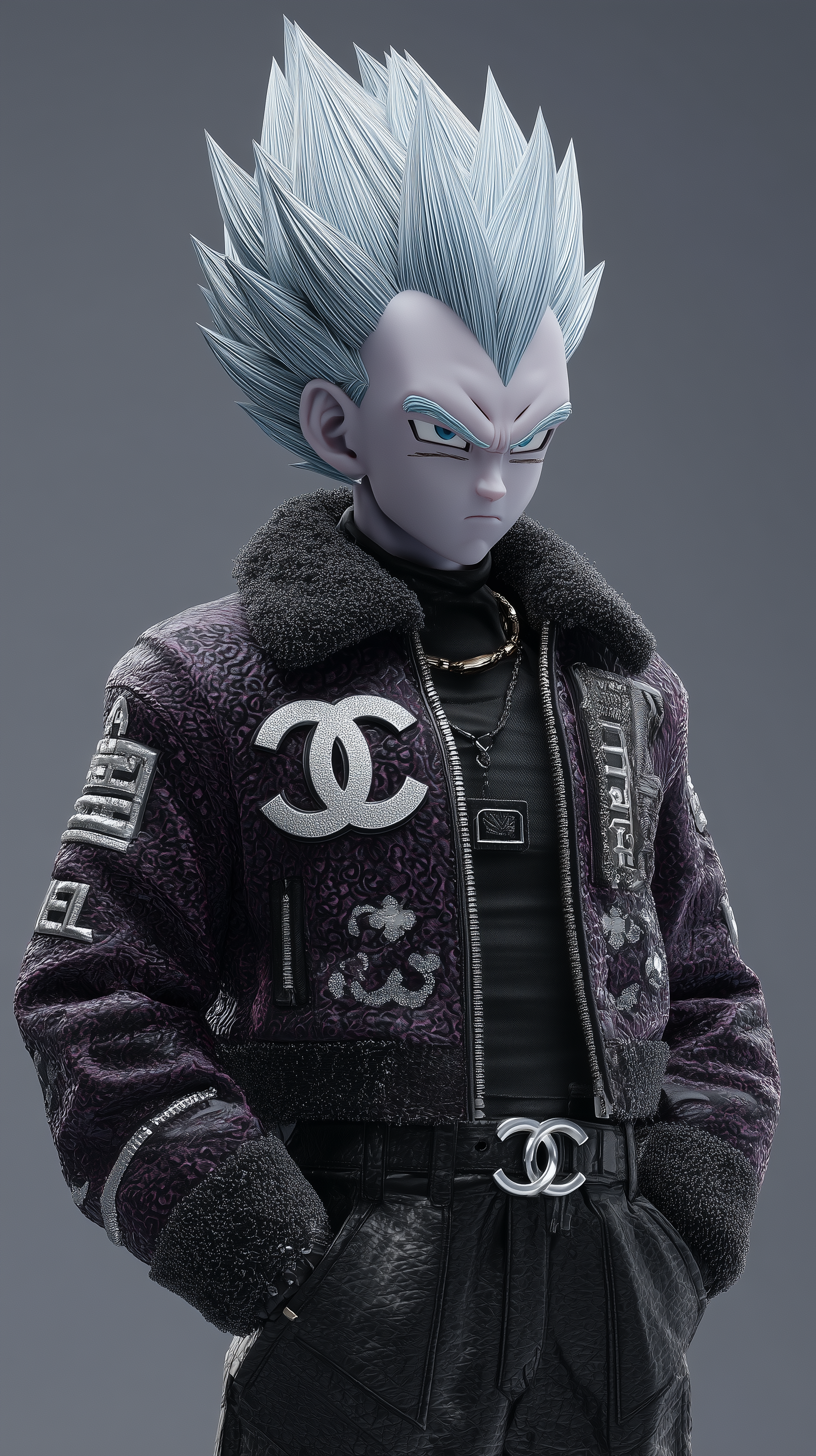 Dragon Ball mobile phone wallpaper — stylized Vegeta with icy blue hair, wearing a black Chanel-style fur jacket and belt, hands in pockets against a neutral gray background.