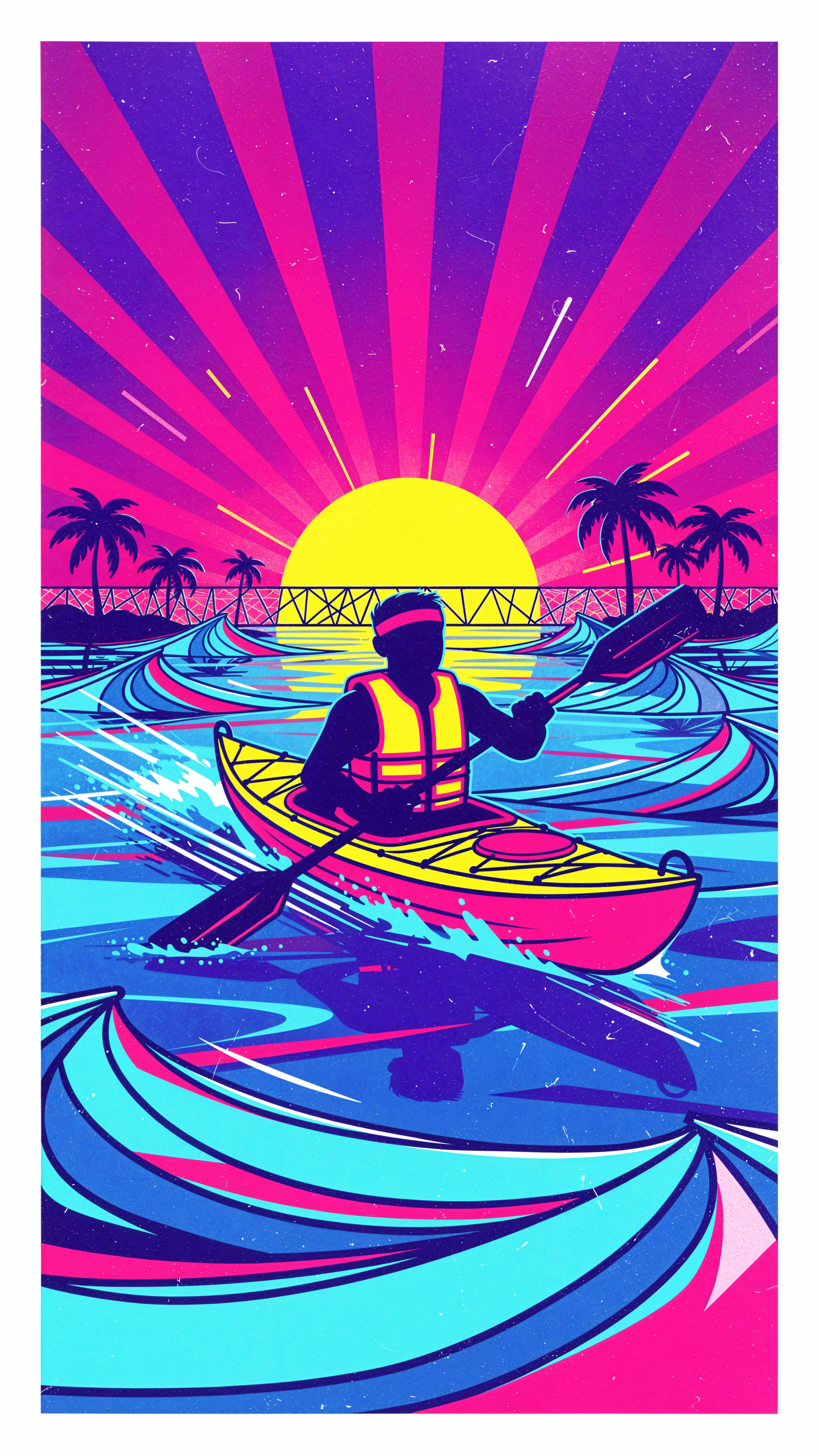 Vibrant synthwave phone wallpaper of a kayaker paddling through neon waves toward a large setting sun, framed by palm trees and a silhouetted bridge on the horizon.