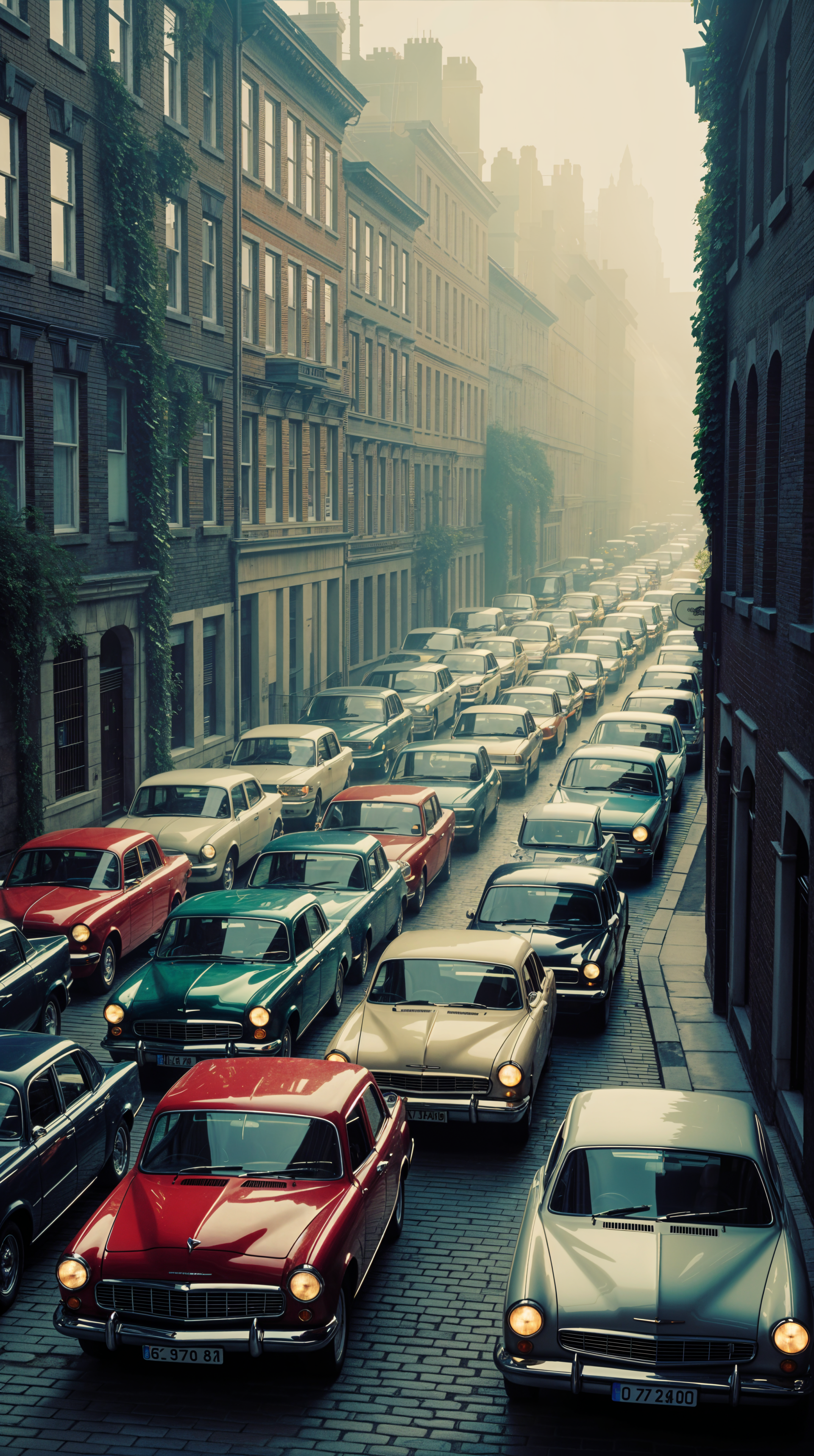 Phone wallpaper: foggy city street packed with vintage cars in a slow traffic jam between tall brick buildings.