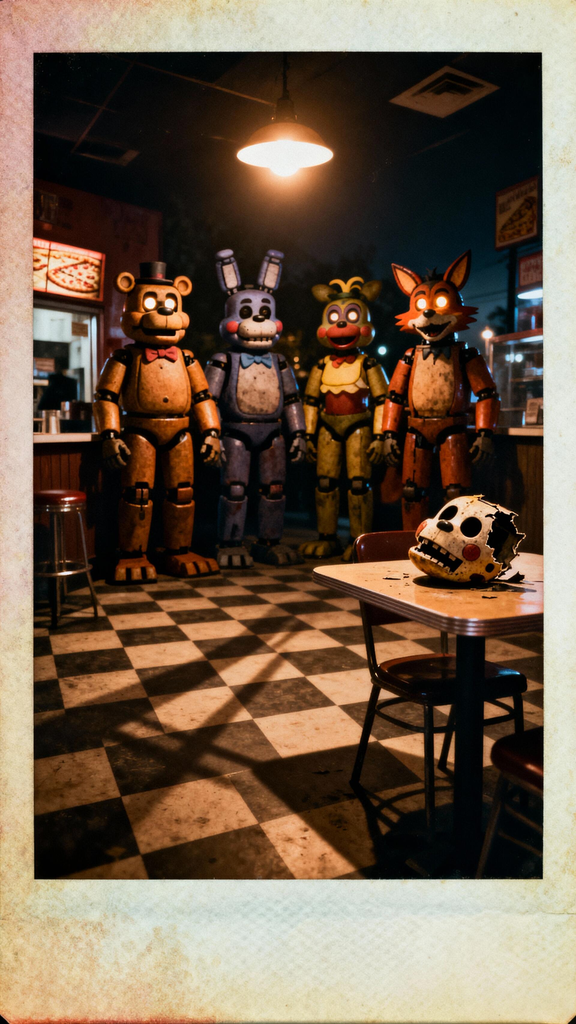 Phone wallpaper of Five Nights at Freddy's: Freddy, Bonnie, Chica and Foxy stand under a lone diner light while a broken animatronic mask lies on a table.