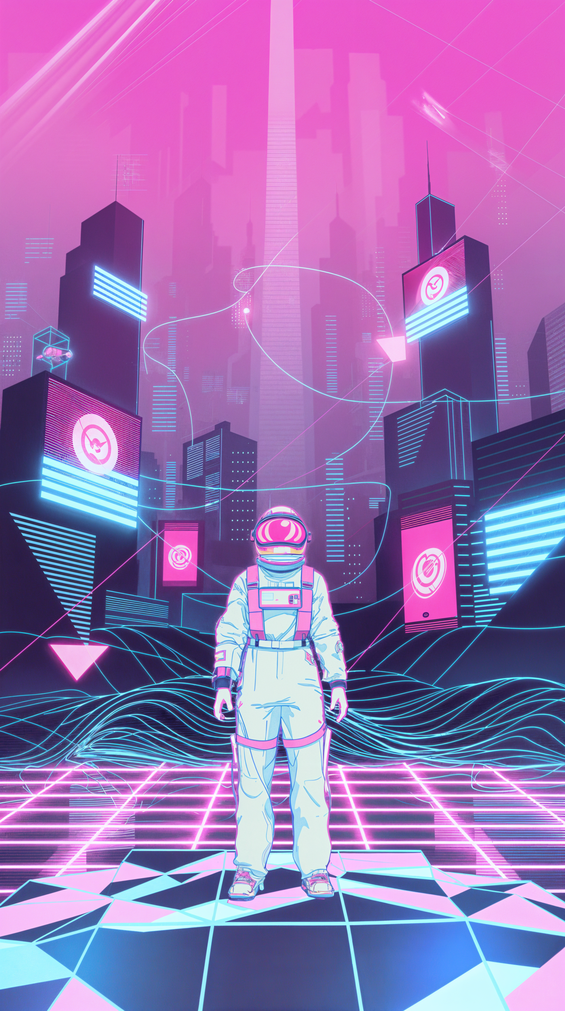 Phone wallpaper showing a lone astronaut on a glowing neon grid beneath a pink-and-blue cyberpunk skyline with holographic wires and floating ads.