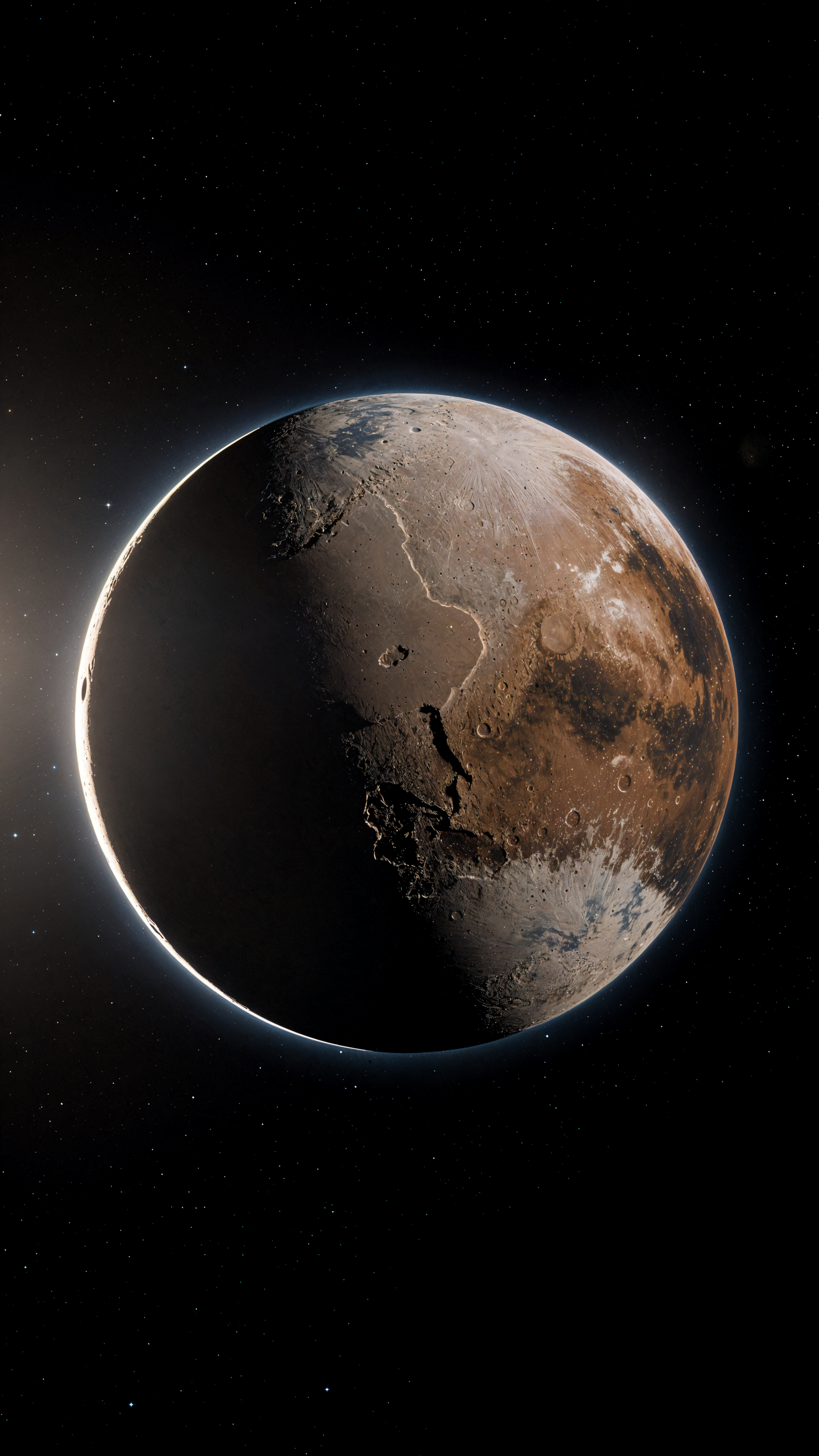 Phone wallpaper of Pluto (Planet): a crescent-lit, cratered surface with icy plains and a bright thin atmospheric glow against the blackness of space.