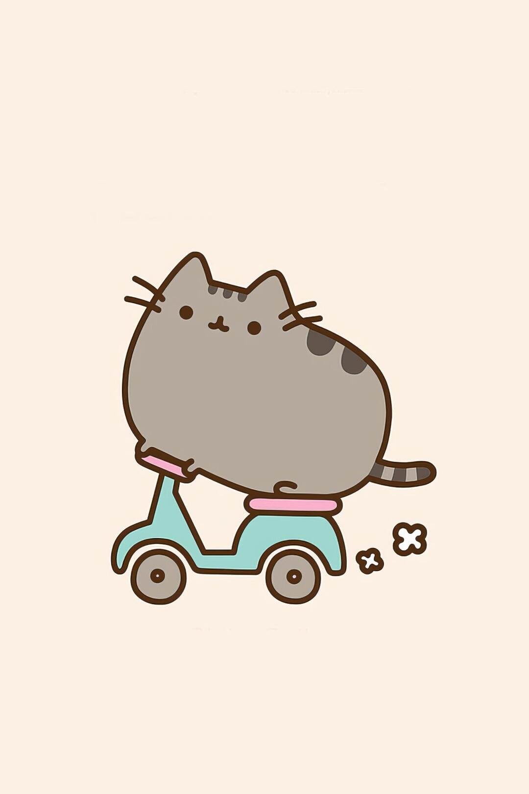 Phone wallpaper illustration of Pusheen, a cute grey tabby cat, cheerfully riding a mint scooter on a pale beige background.
