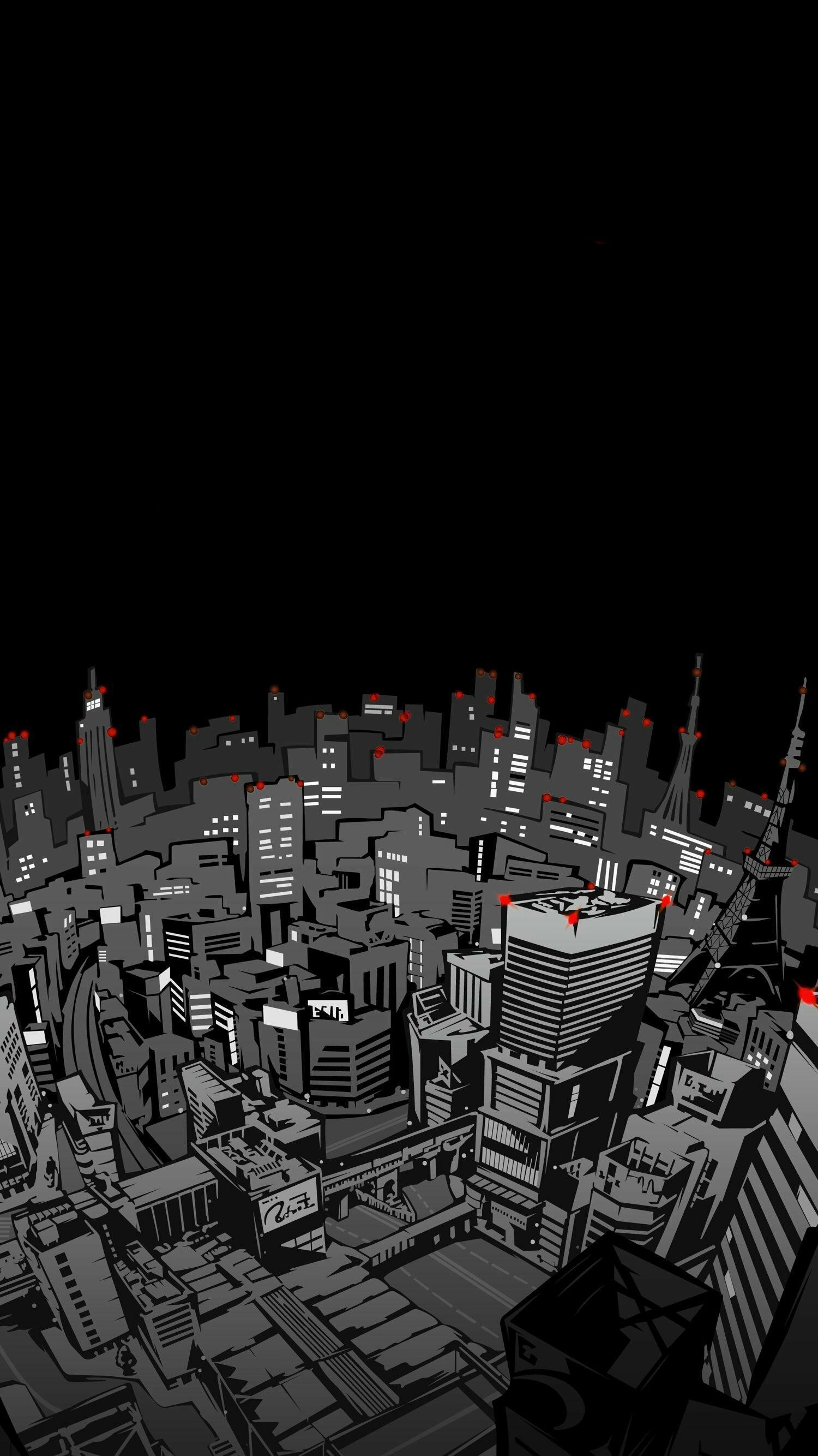 Persona 5 video game phone wallpaper: stylized noir cityscape in black, gray and red, top-down view of a Tokyo-like skyline with bold graphic shadows and red highlights.