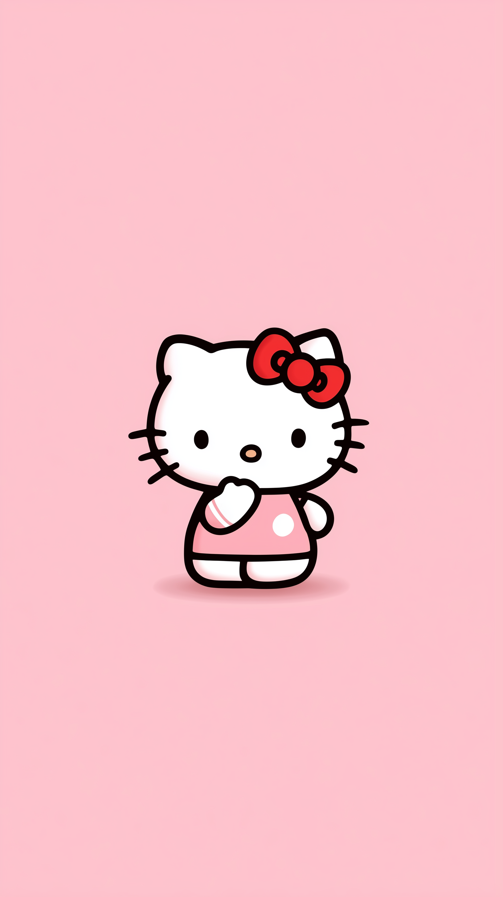 Simple pink phone wallpaper showing Hello Kitty by Sanrio, centered with a red bow, little dress and hand to her face over a minimal background.