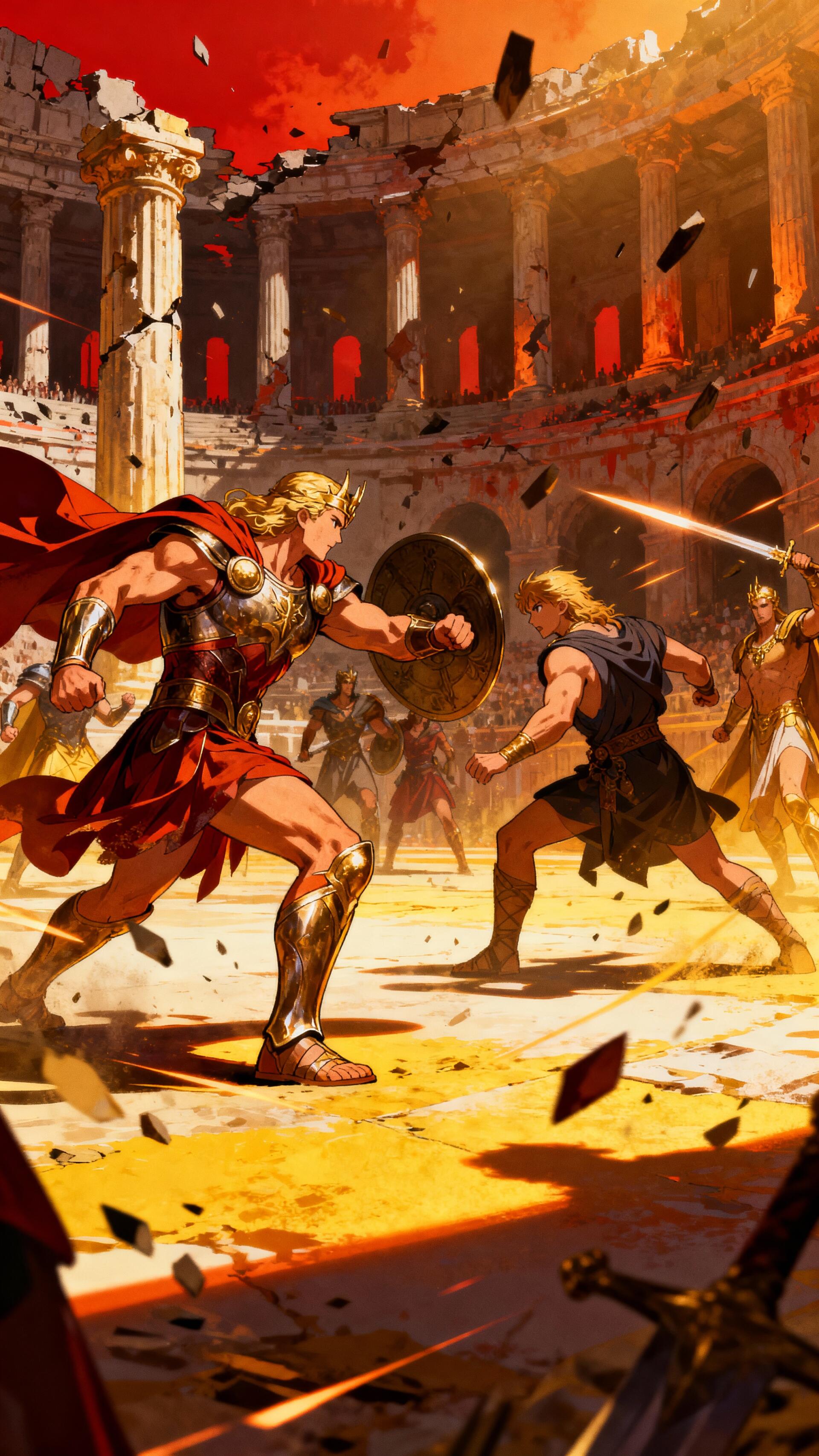 Phone wallpaper showing gladiators battling in a sunlit ancient coliseum, armored fighters, flying debris, towering columns and a glowing red sky.