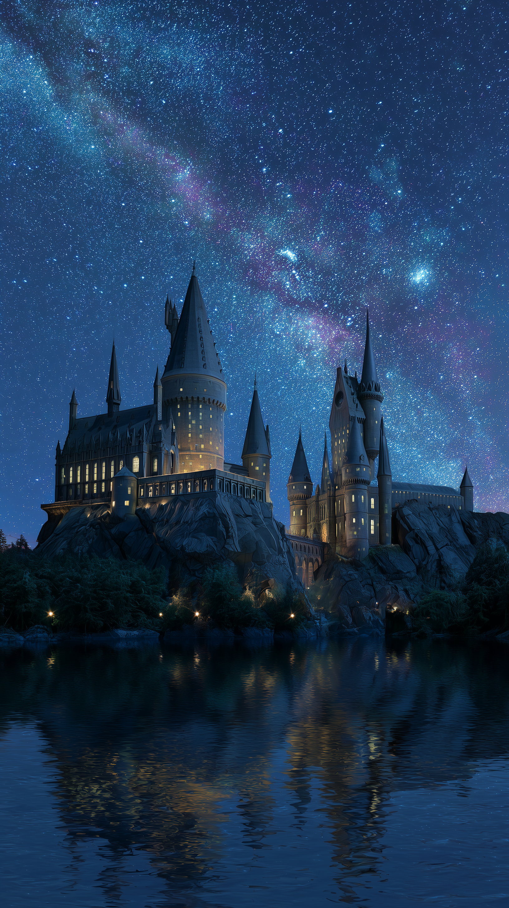 Phone wallpaper of Hogwarts Castle from the Harry Potter movies, aglow beneath a starry, magical Milky Way sky, mirrored in the lake.
