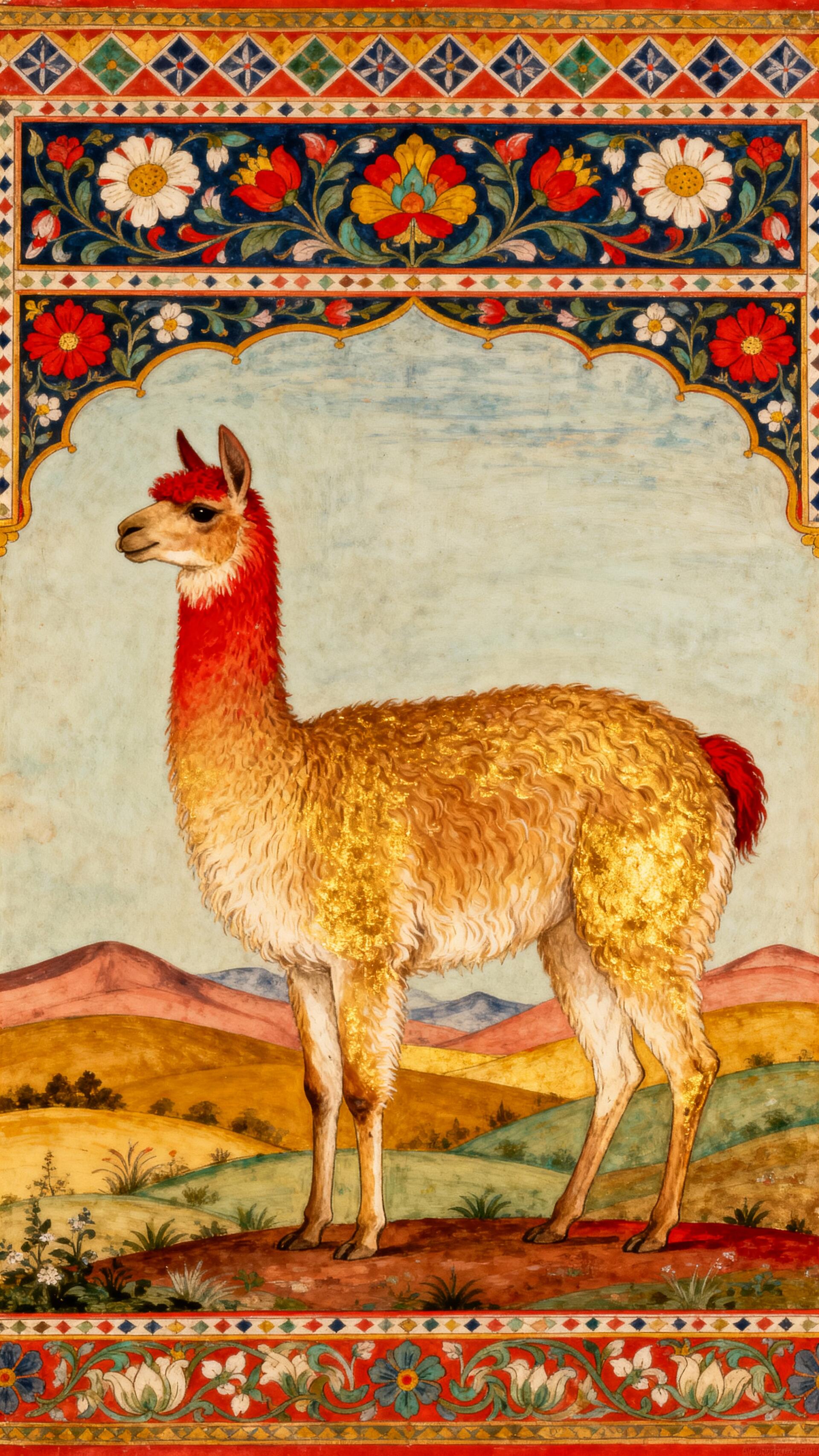 Phone wallpaper showing a richly colored, vintage-style painting of an alpaca standing in a floral-bordered pastoral landscape.