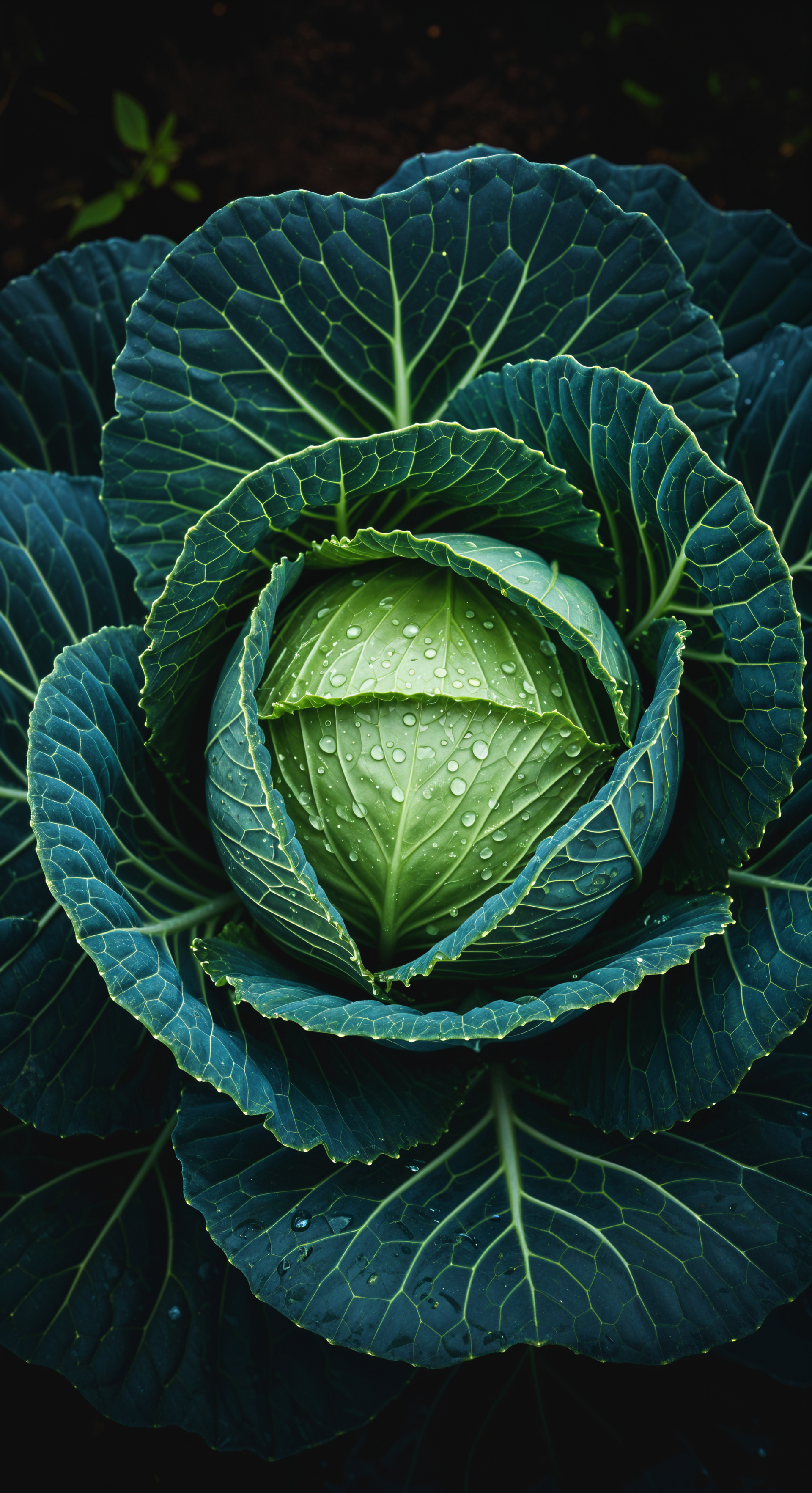 Phone wallpaper close-up of a dew-dappled green cabbage, layered rosette of dark teal outer leaves embracing a bright, water-beaded center.