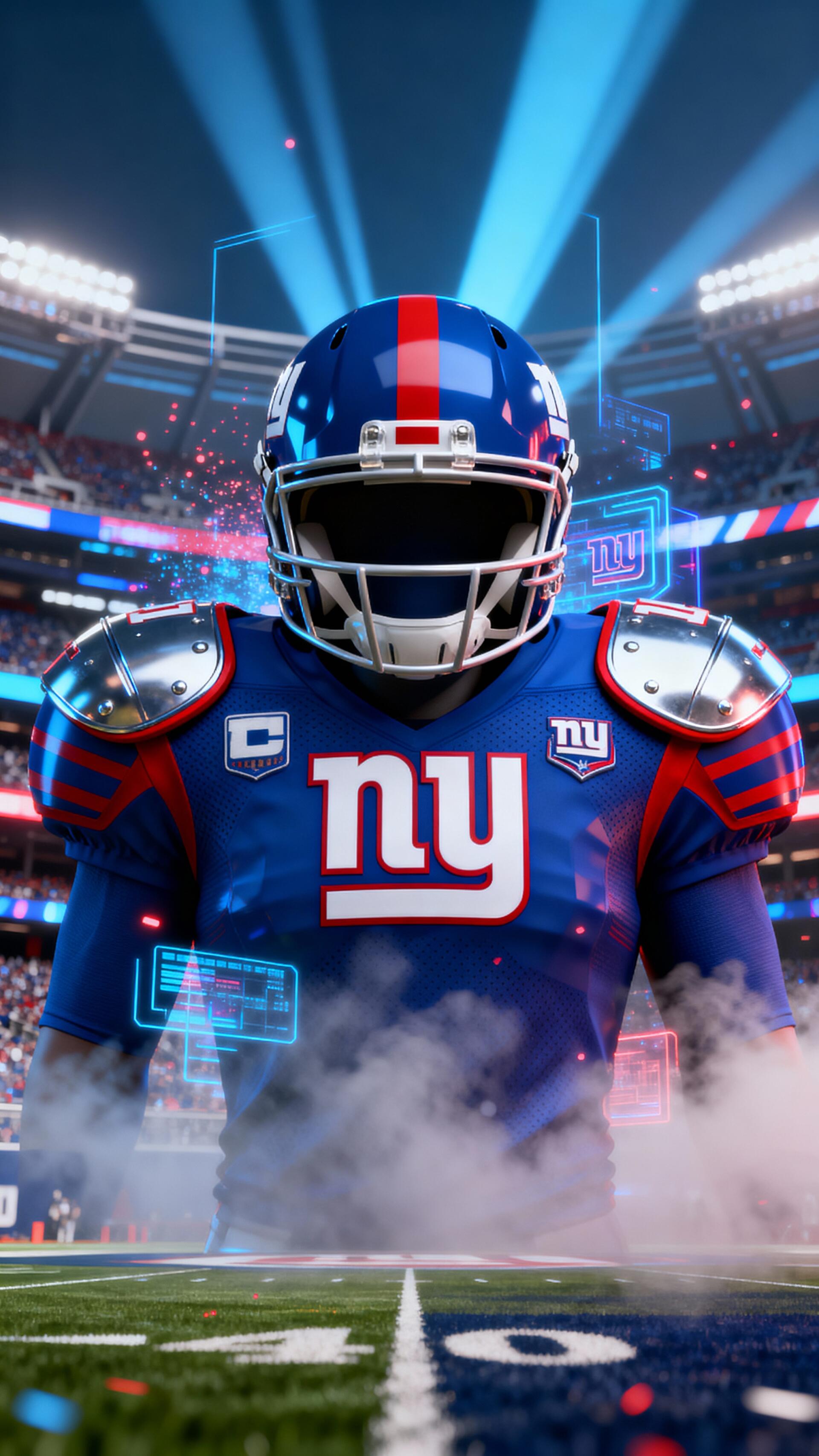 Phone wallpaper of a New York Giants player in full helmet and uniform emerging from fog on the field beneath dramatic stadium lights.