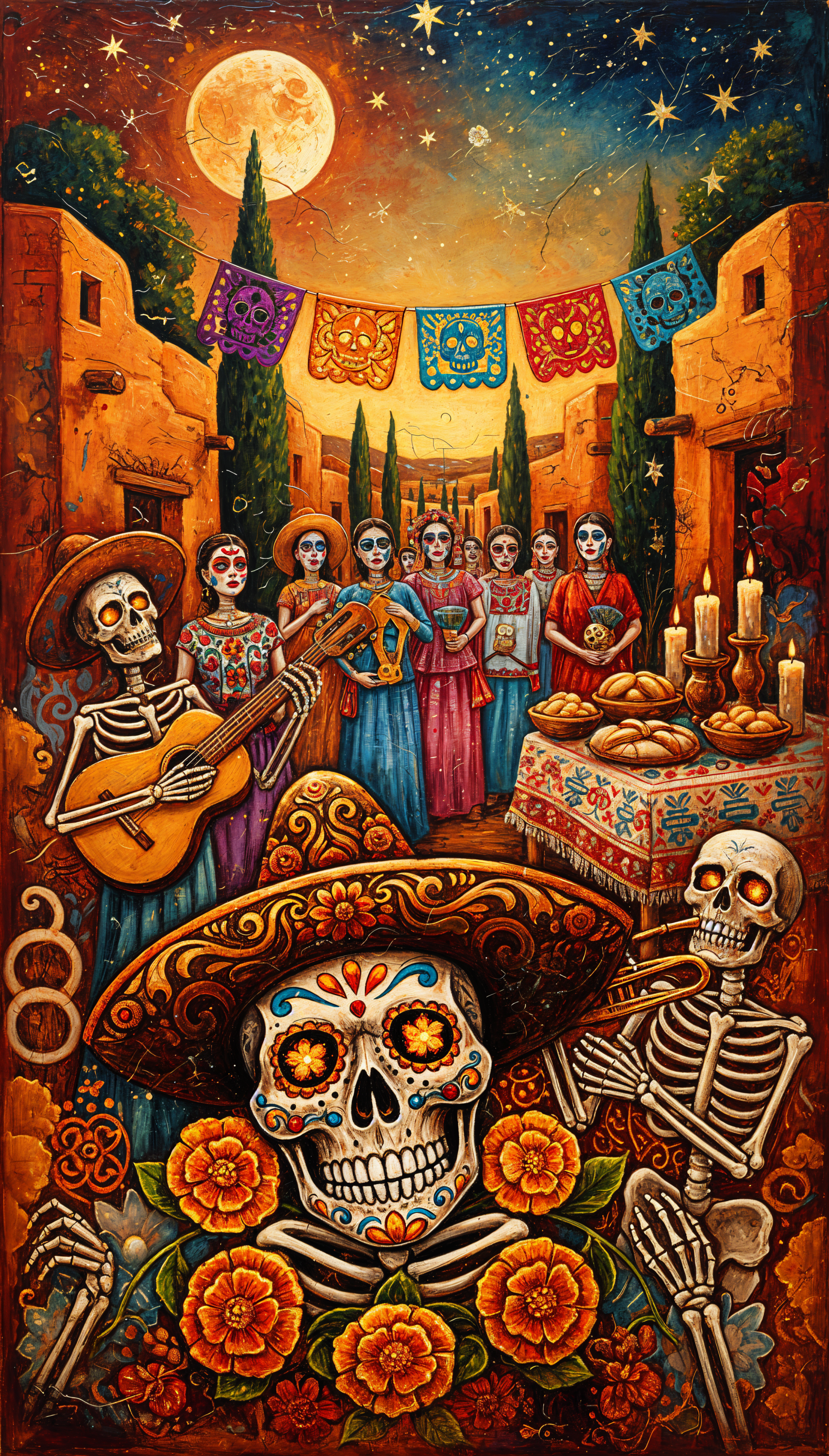 Day of the Dead phone wallpaper: colorful sugar-skull skeletons and costumed mourners, marigolds, candles, musicians and papel picado beneath a glowing full moon.