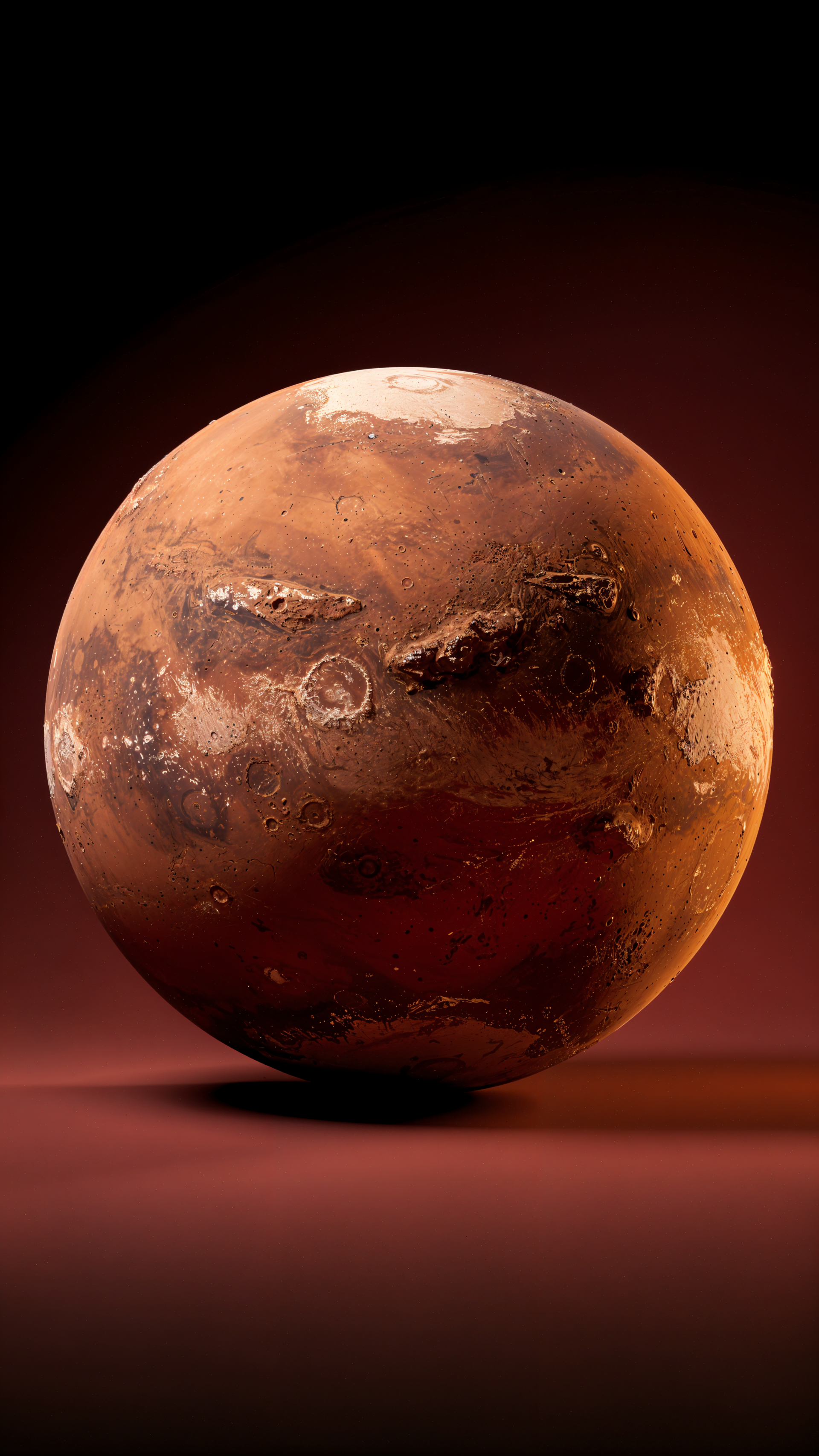 Phone wallpaper of Mars: a detailed rust-colored planet with craters and a bright polar cap set against a dark reddish gradient background.
