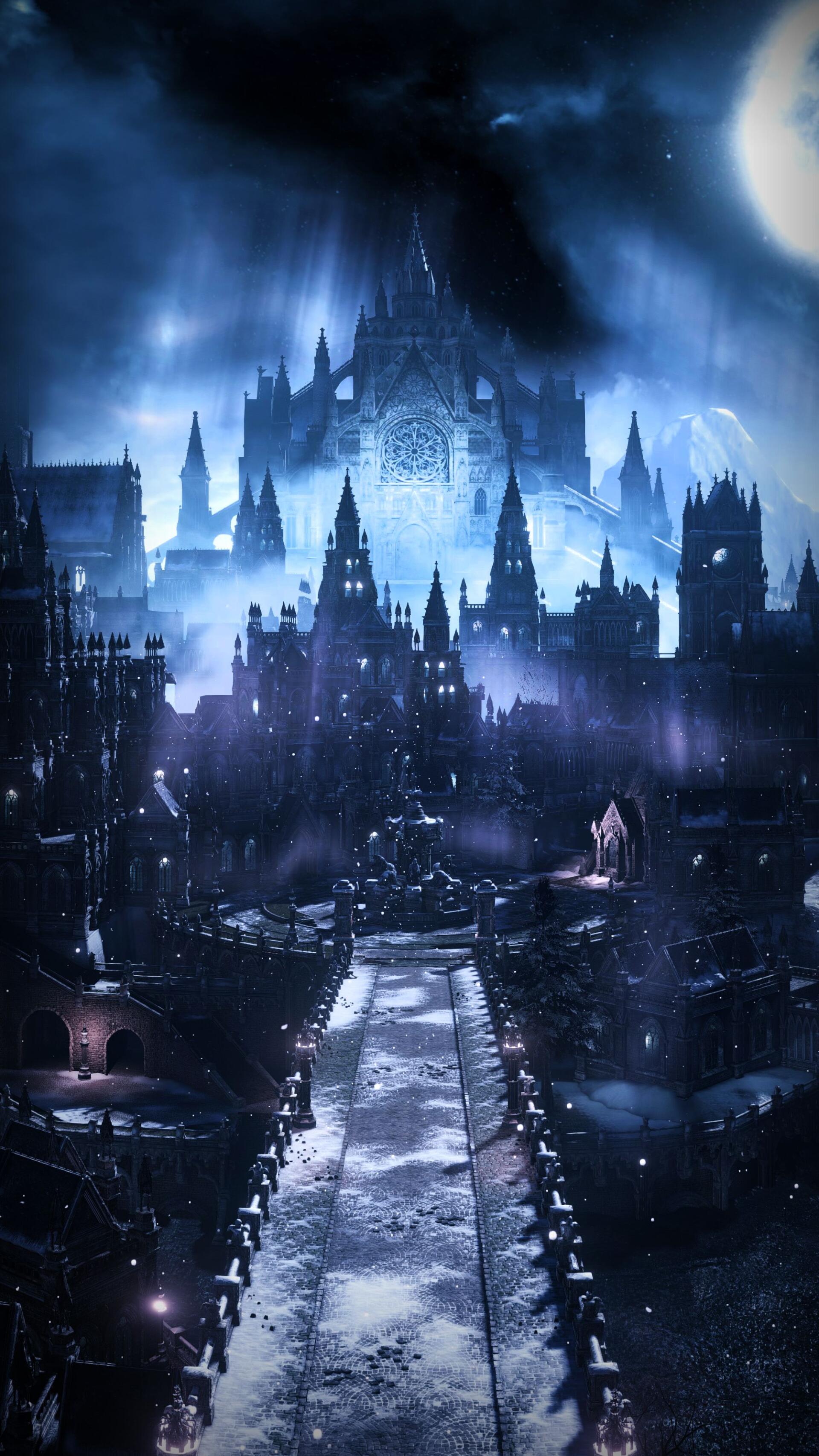 Phone wallpaper — moonlit winter landscape from the video game Dark Souls: Irithyll of the Boreal Valley, icy cathedral and spired city looming above a snow-dusted bridge.