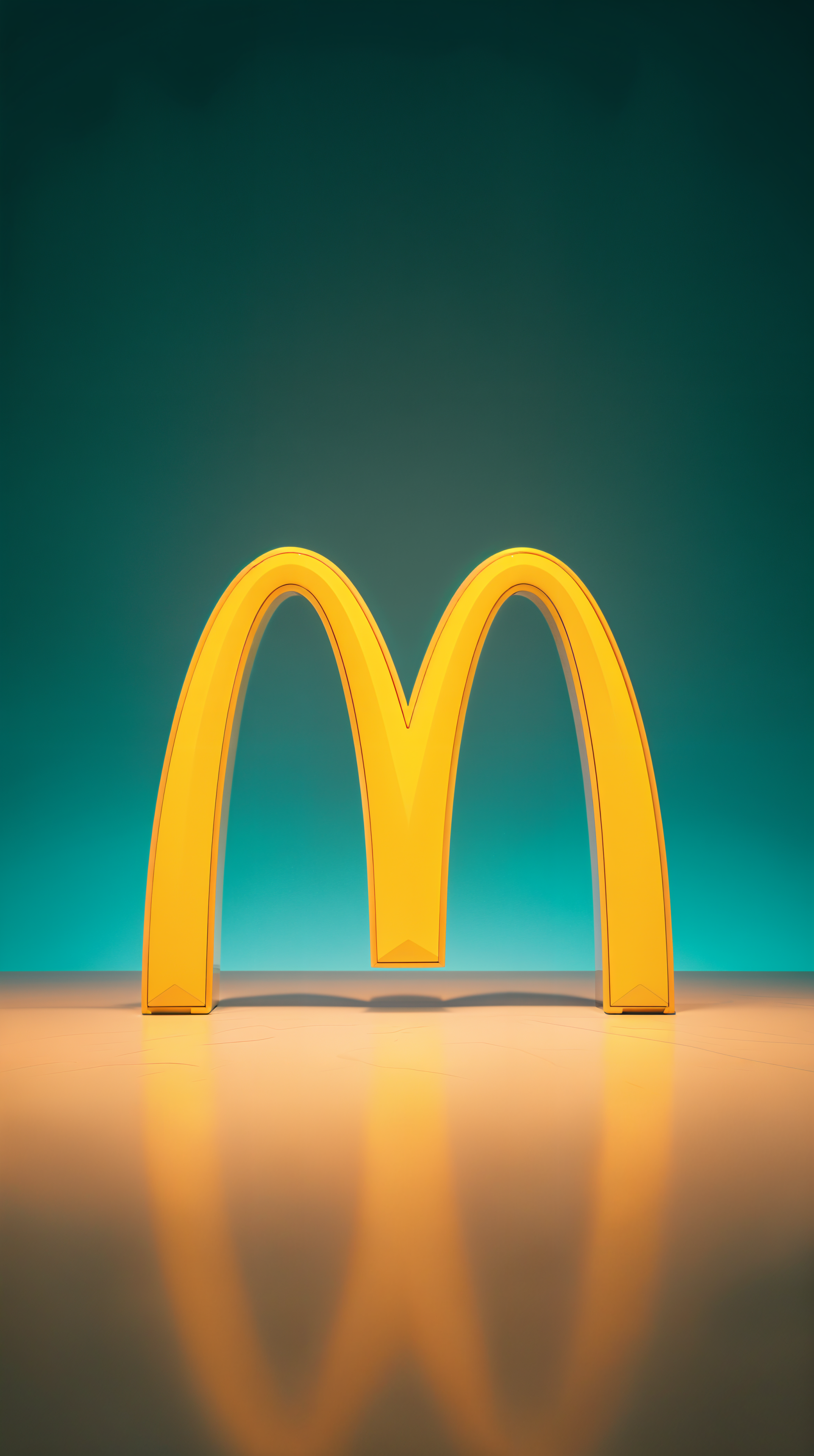 Phone wallpaper showing the golden McDonald's arches standing on a reflective surface against a teal gradient background.