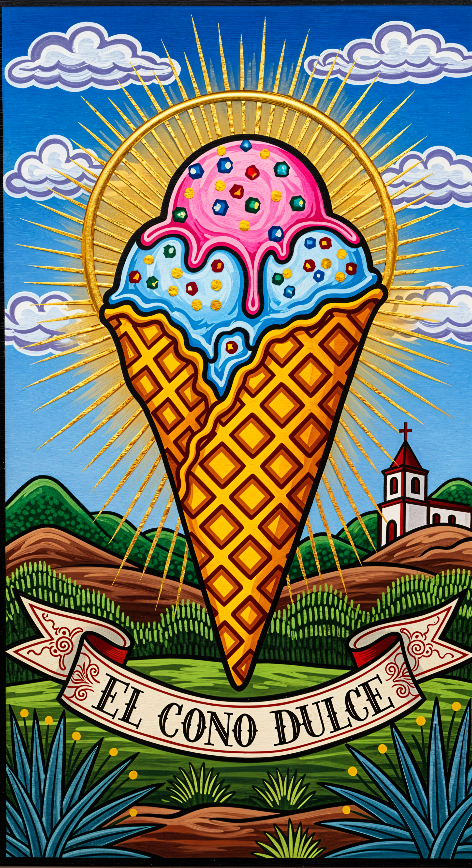 Phone wallpaper of a vibrant stylized waffle cone with two sprinkled scoops, radiant golden halo, rolling hills and a small church, banner reading El Cono Dulce.