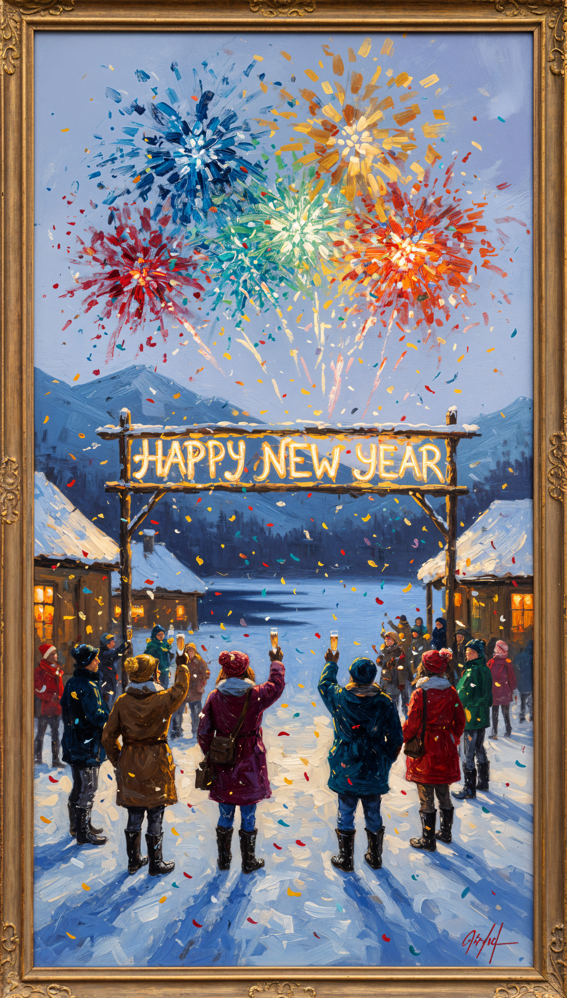 Phone wallpaper: snowy village at dusk, a crowd raising glasses beneath a glowing Happy New Year sign as colorful fireworks burst over mountains and confetti fills the sky.