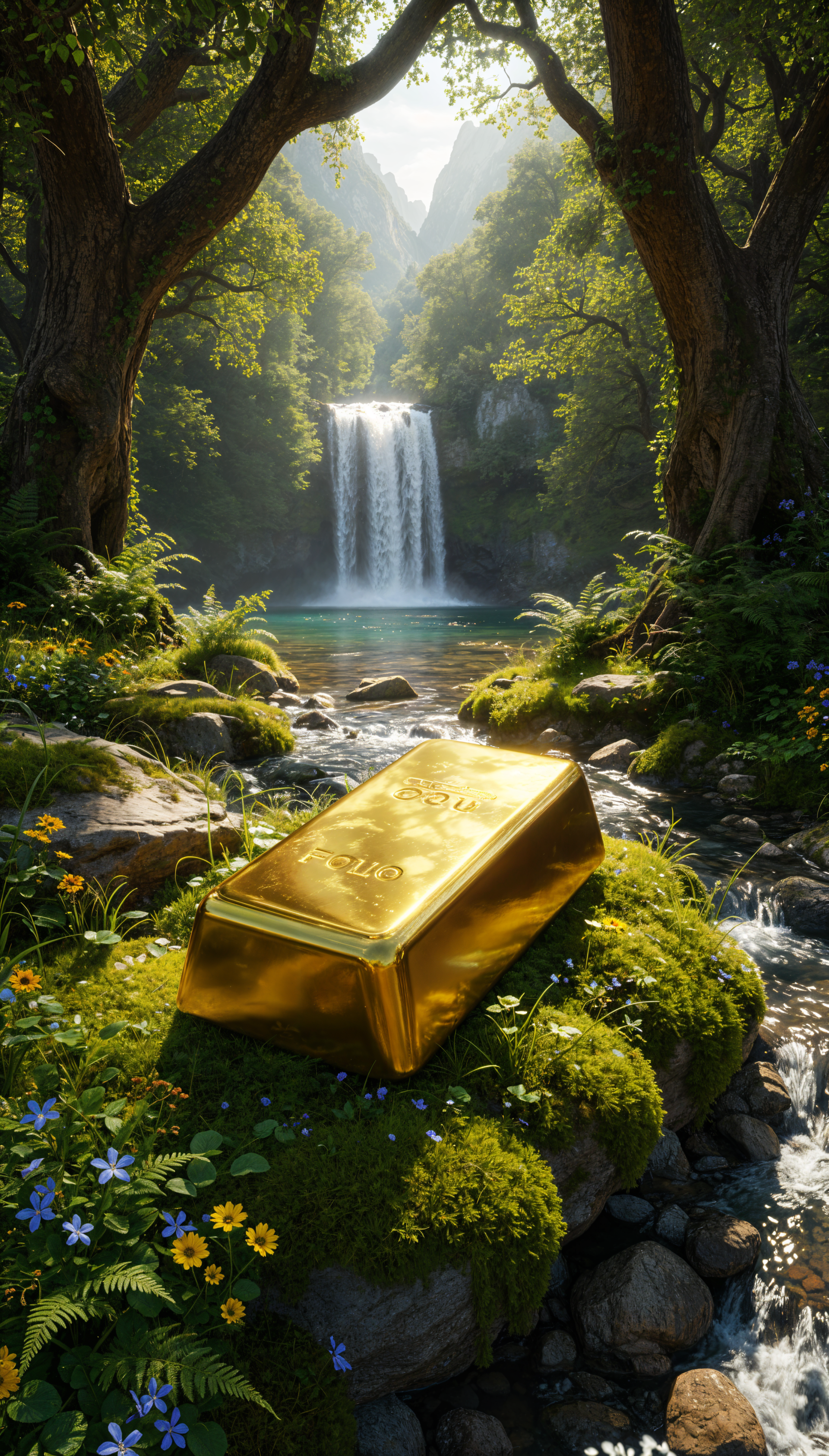 Phone wallpaper showing a gleaming gold bar resting on a mossy rock in a sunlit forest clearing, surrounded by wildflowers with a tranquil waterfall in the background.