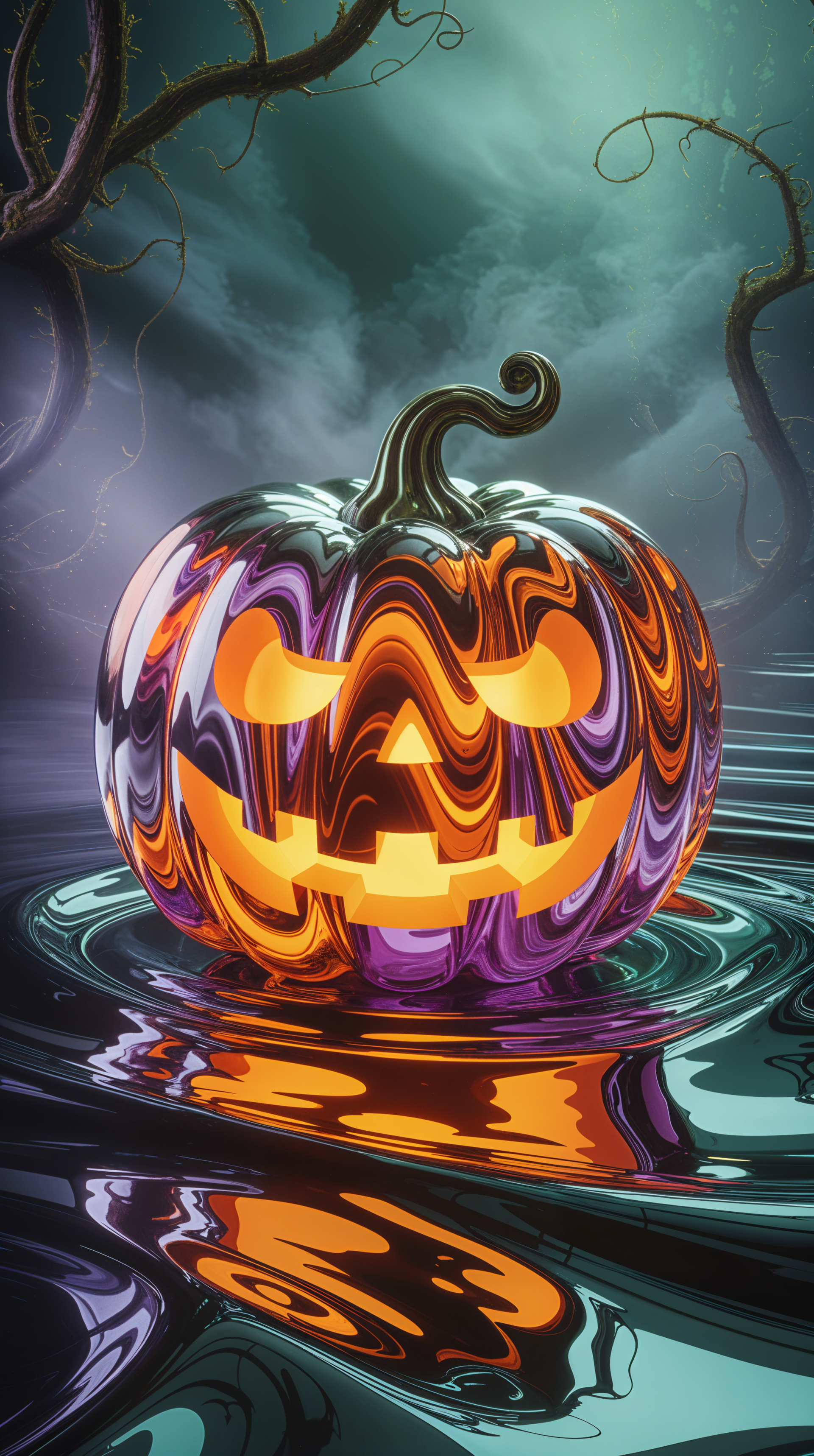 Phone wallpaper of a glowing marbled jack-o'-lantern floating on rippling reflective water beneath twisted trees and a misty green sky.