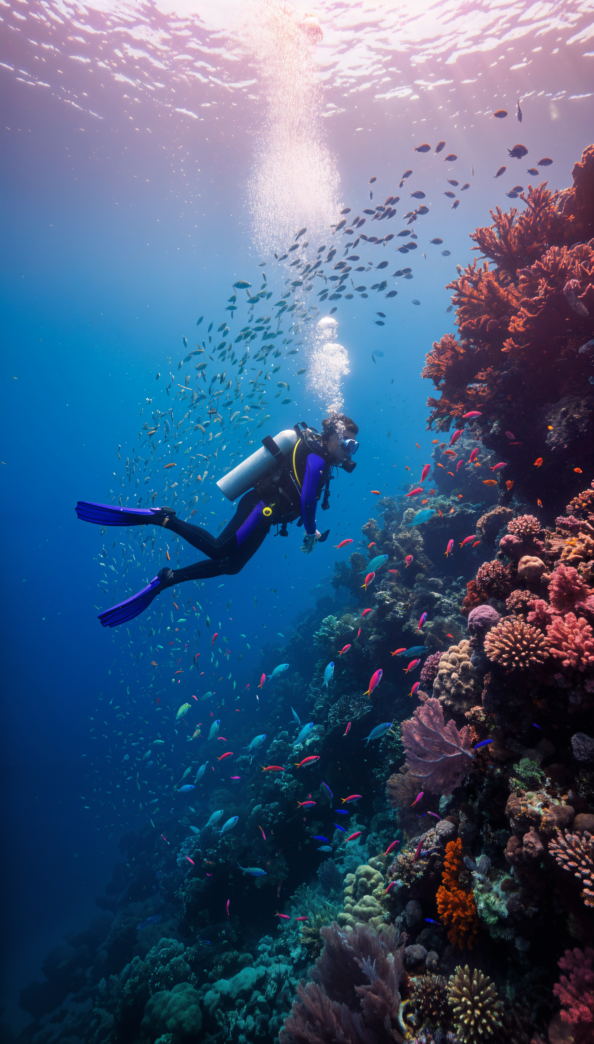 Phone wallpaper showing a scuba diver exploring a vibrant coral reef, surrounded by schools of colorful fish and sunlit water streaming from the surface.