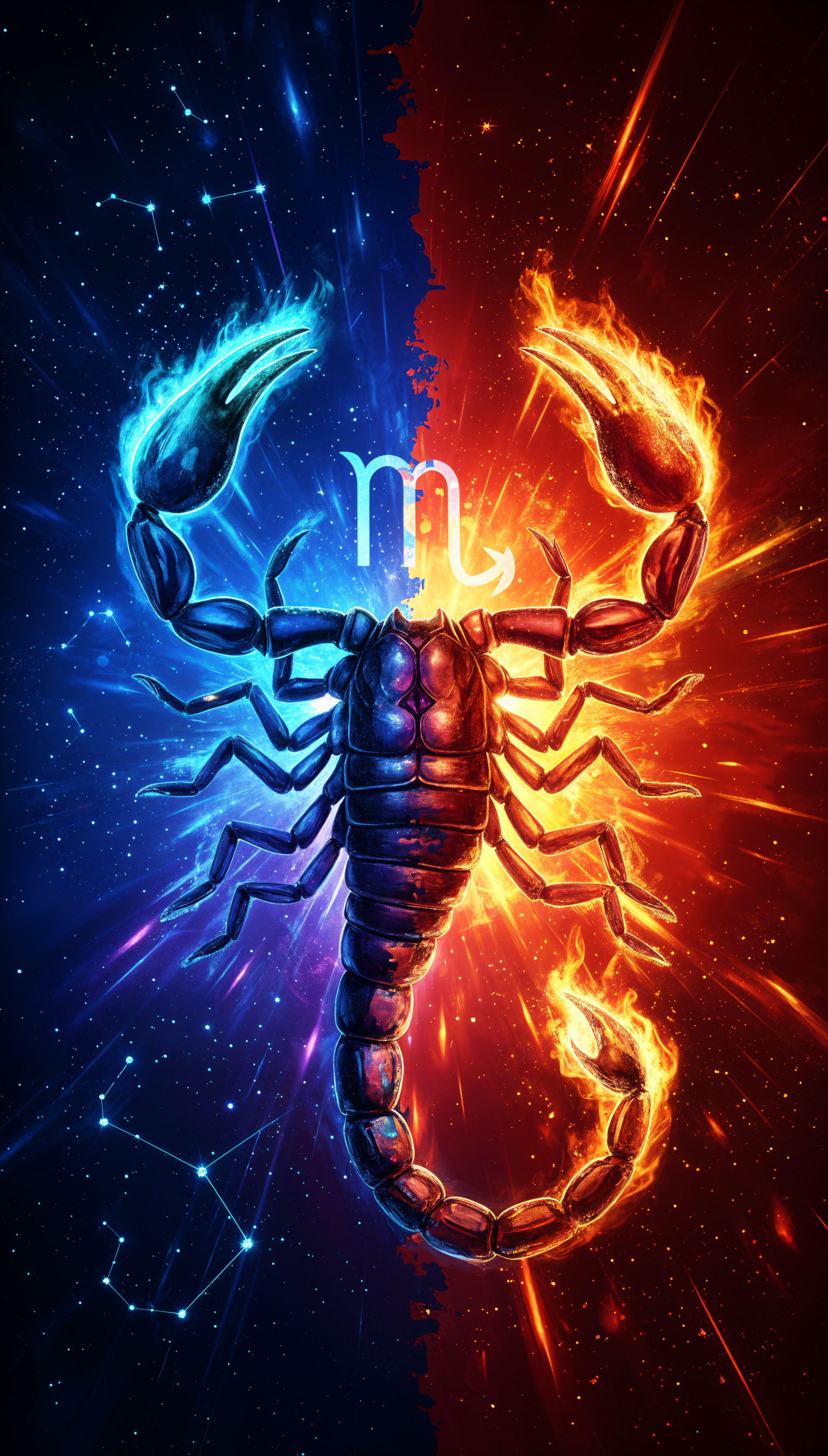 Scorpio (astrology) phone wallpaper: glowing scorpion split into blue-ice and red-fire halves, Scorpio glyph above, set against a starry sky dotted with faint constellations.